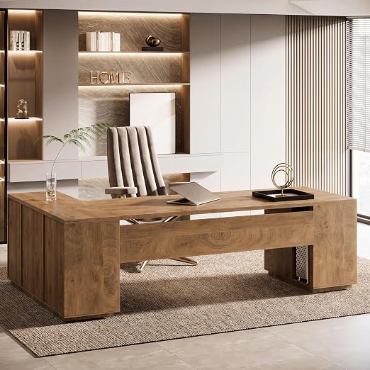 L-Shaped Executive Office Desk with File Drawers & Storage Cabinet