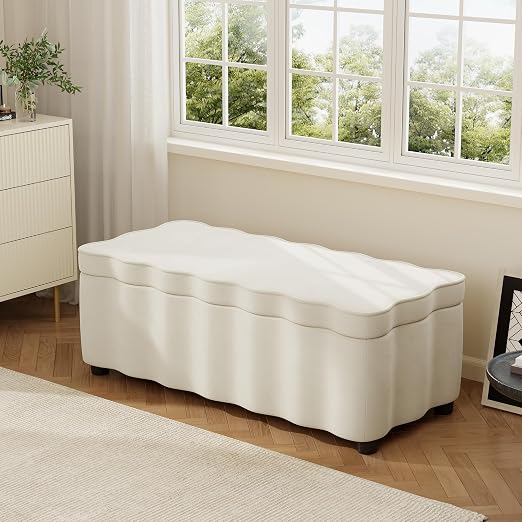 Velvet Storage Ottoman Bench with Scalloped Design