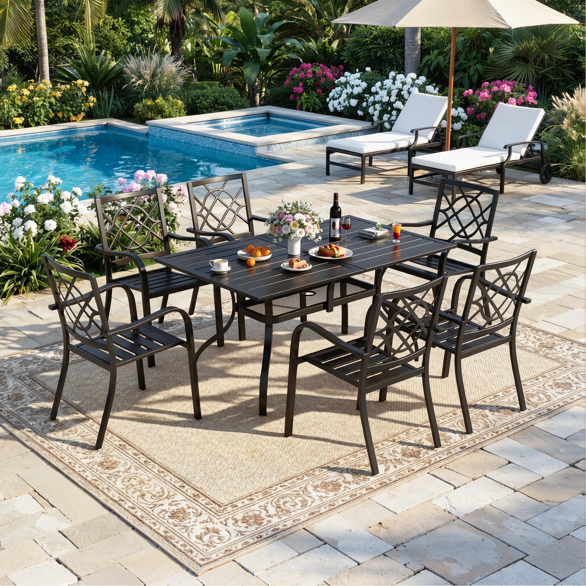 SUNCROWN 60"x37" Black Patio Outdoor Dining Table Metal Steel Slat Rectangular Bistro Table for Porch Deck Garden Backyard Poolside, 1.57" Umbrella Hole