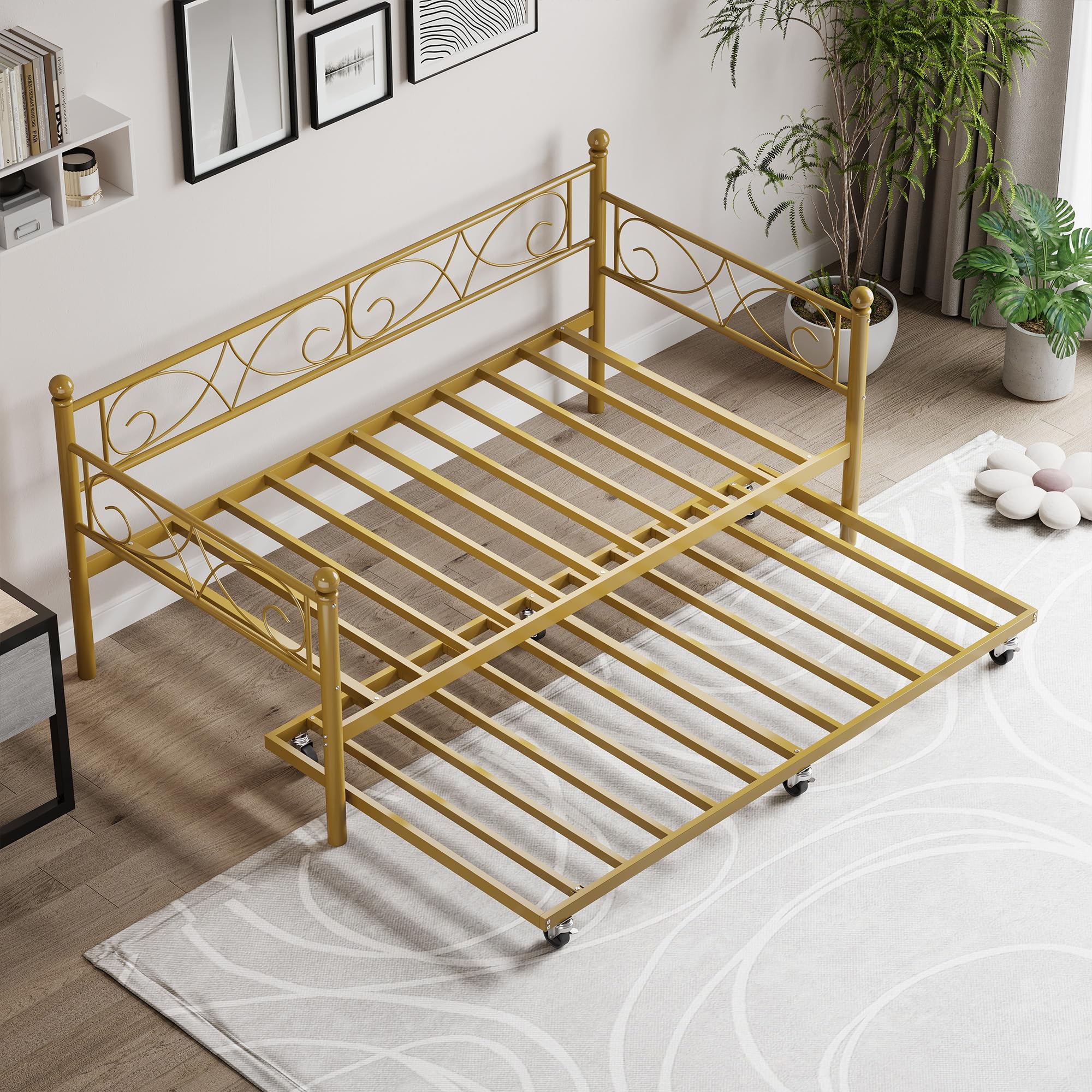 IDEALHOUSE Twin Daybed with Trundle, Metal Trundle Bed, Sofa Bed Frame, Heavy Duty Metal Slats, for Living Room, Bedroom, Guest Room, Space Saving, Gold