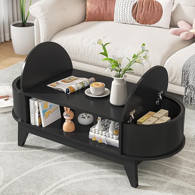 Oval Coffee Table with Flip-Top Hidden Storage