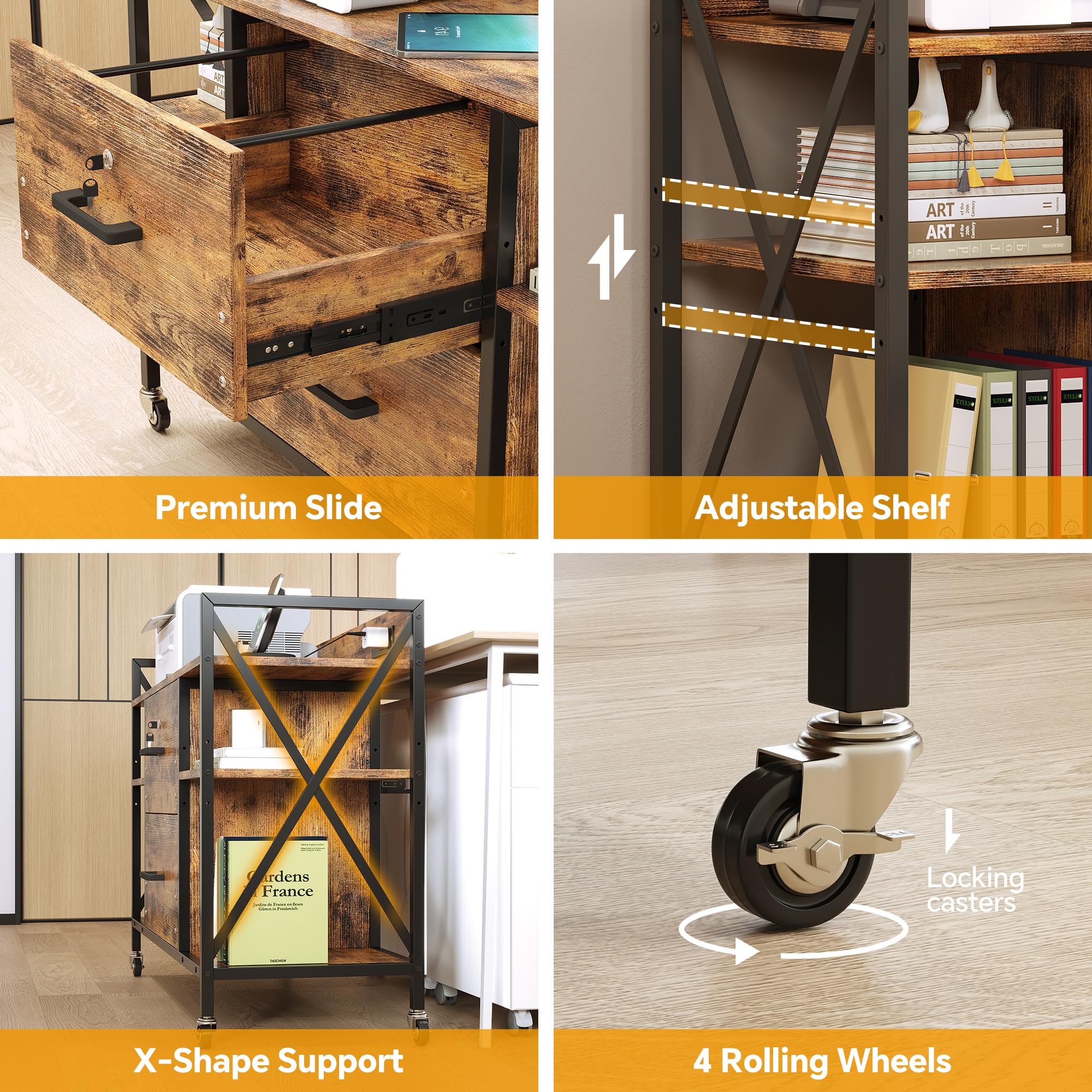 Rolling File Cabinet with Power Outlets & Locking Drawers