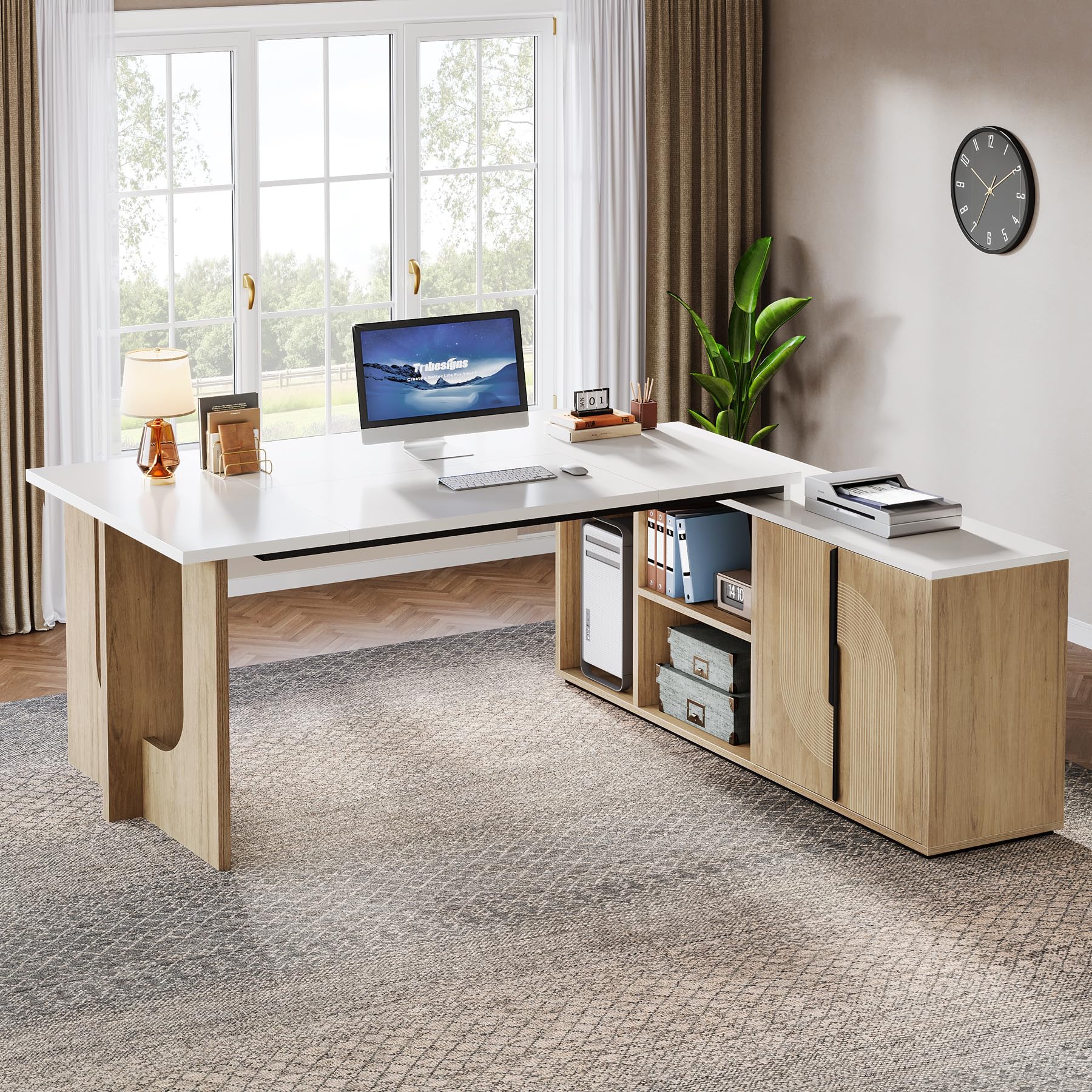 Tribesigns 74.8 Inch Executive Desk, Large Office Desk with Cabinet, L Shaped Computer Desk with Shelves and CPU Storage, Modern Home Office Desks Business Furniture Workstation Set, White and Wood