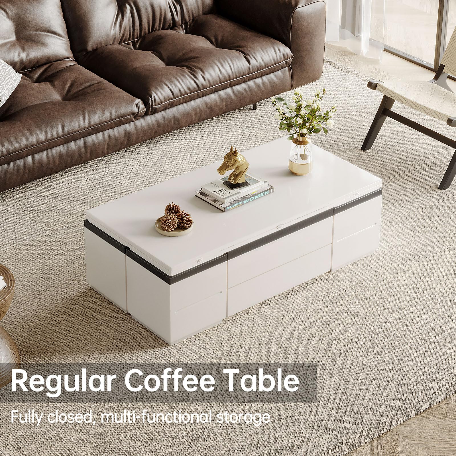 Guyii 47" Lift Up Coffee Table with Storage Stools White Cofee Tables 3 in 1 Living Room Table with Wheels for Living Room Apartment Saving Space