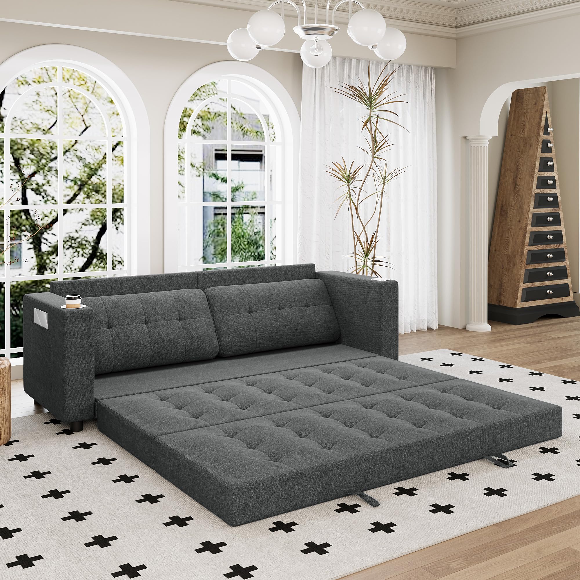 HYZQ Upgraded Queen Size Futon Sofa Bed, 83" Thick Upholstery Loveseat Sleeper Sofa Pull Out Couch, Convertible Floor Couch for Bedroom/Living Room (Dark Grey)