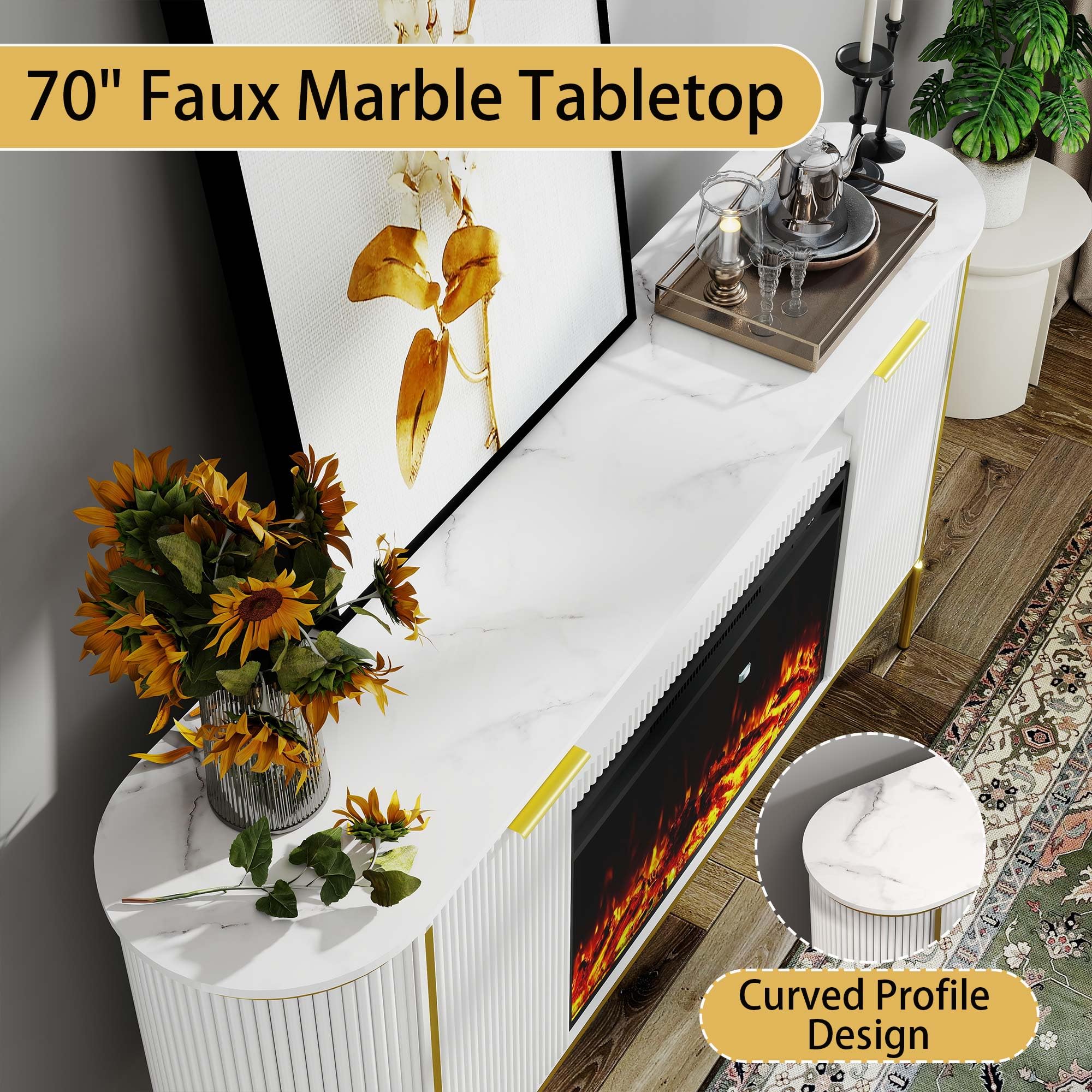 LABROSKIA Fluted Fireplace TV Stand: 70" White Electric Fireplace TV Stand Up to 80 inchs, Luxury Media Console with 30" Electric Fire Place, Modern TVs Consoles for Living Room, Faux Marble Top