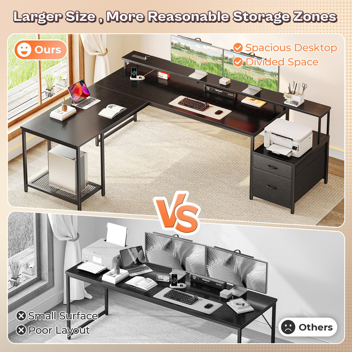 PRAISUN 66" L Shaped Gaming Desk with LED Lights & Power Outlets