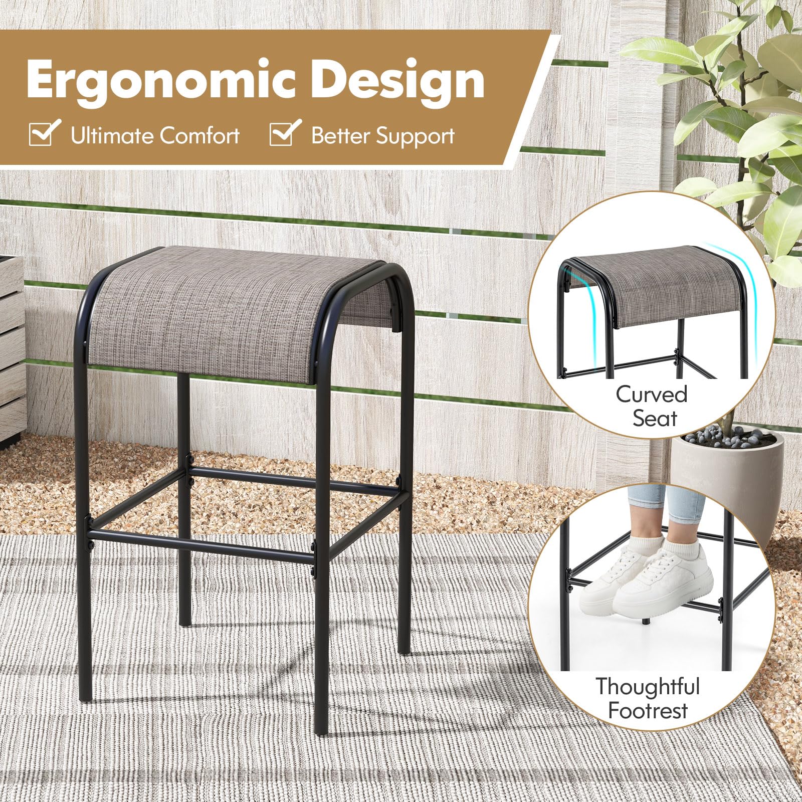Outdoor Bar Stools with Breathable Fabric Seat & Metal Frame