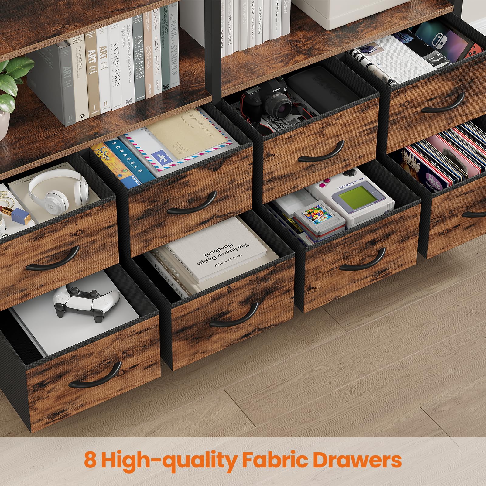 HAUOMS Bookshelf with 8 Fabric Drawers, 7-Tier Bookcase with Baffles Display Shelves, Industrial Large Book Shelf for Living Room Home Office, Rustic Brown