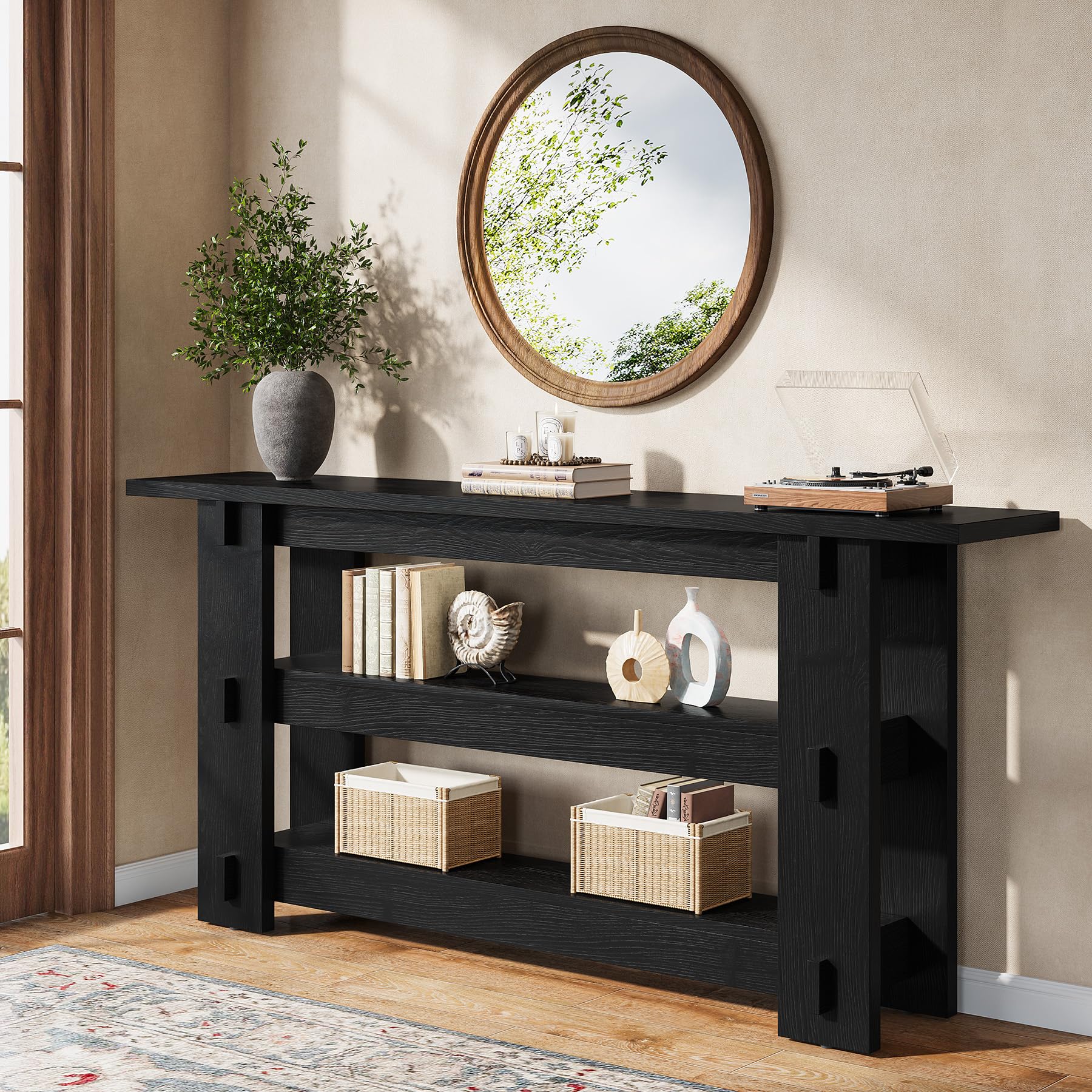 TRIBEWOOD 63-Inch Solid Wood Console Table, Farmhouse Sofa Table Behind Couch with Storage Shelves, Entryway Furniture for Living Room, Hallway, Foyer, Black