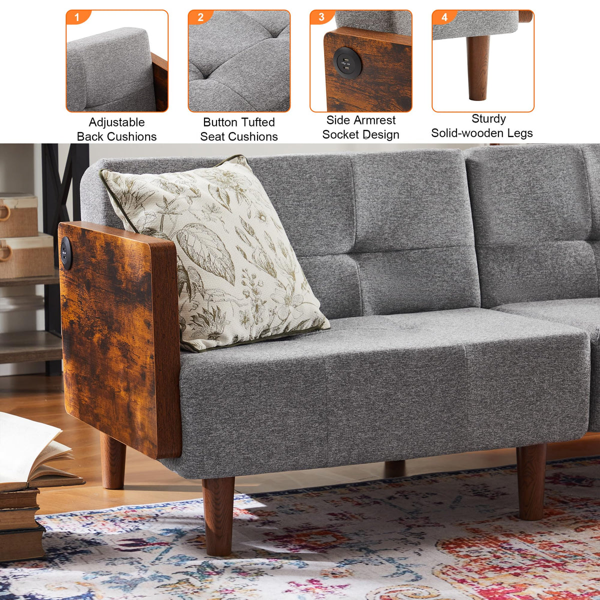 AraSyleon 71" Futon Sofa Bed Convertible Couch for Small Spaces – Twin Sleeper with Cotton Fabric & Wooden Armrests, Grey Upholstered Sofa Bed (Grey)