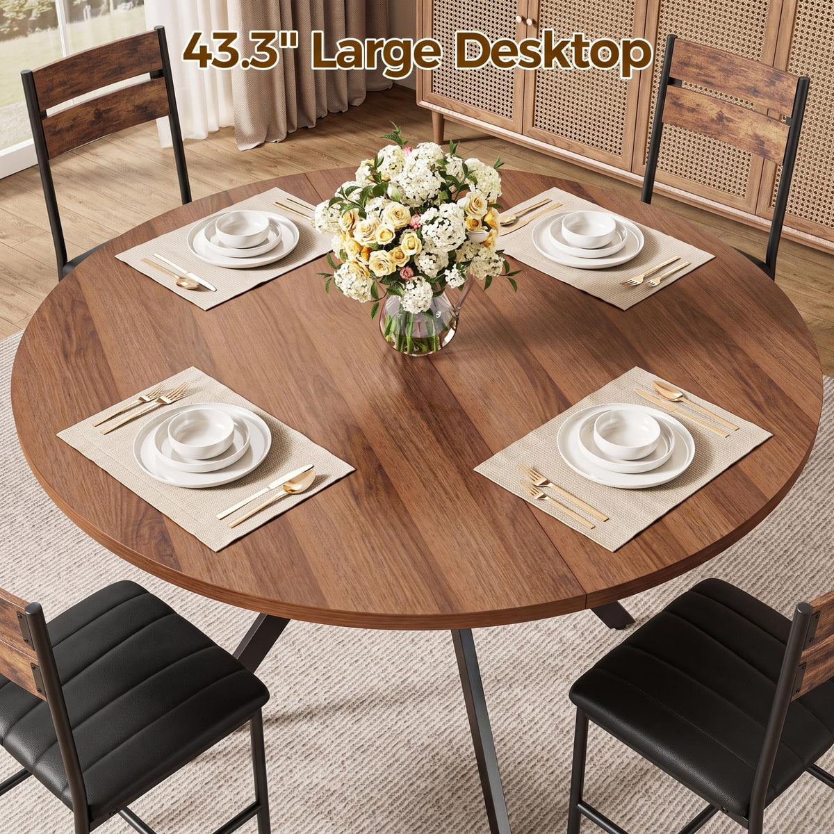 IRONCK Round Dining Table Set for 4, Kitchen Table Set, Walnut