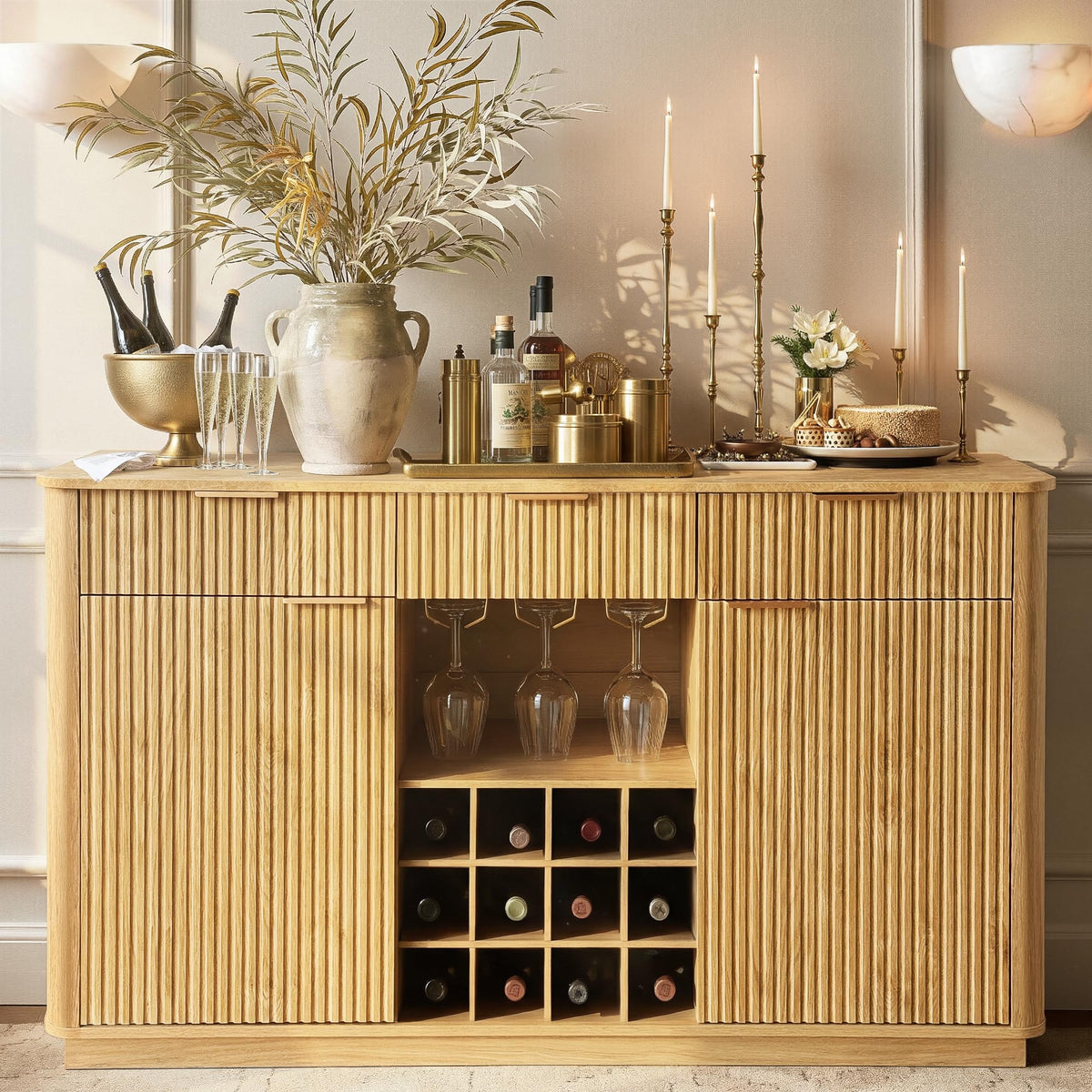 WIN2WIN 59" Fluted Sideboard, Wine Bar Cabinet with Faux Marble Top, Oak