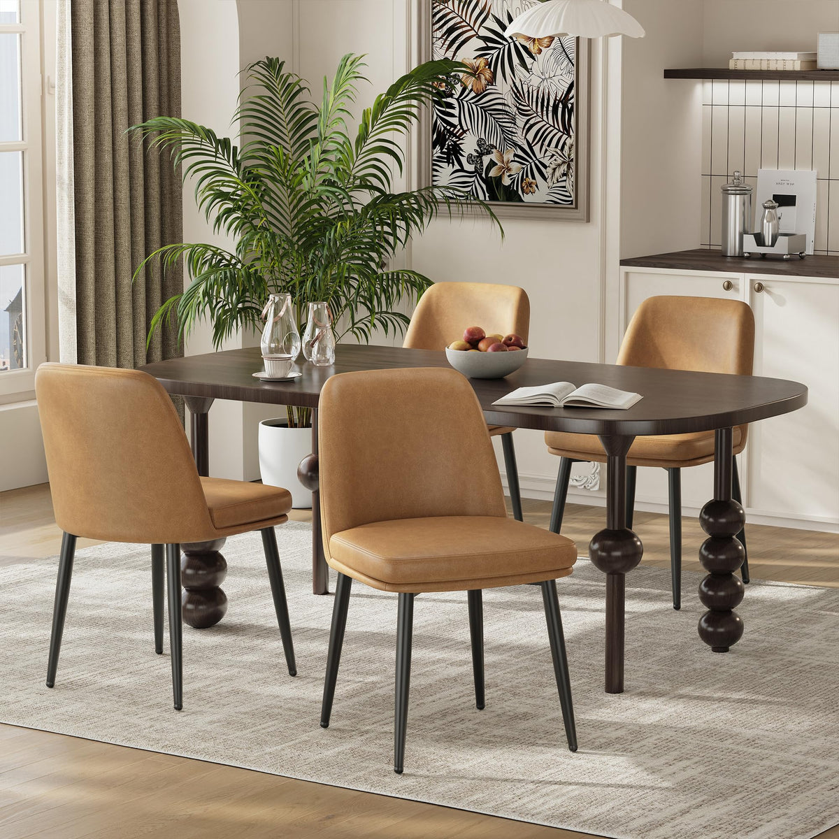 MALOL Leather Dining Chairs Set of 4 with Curved Backrest, Brown
