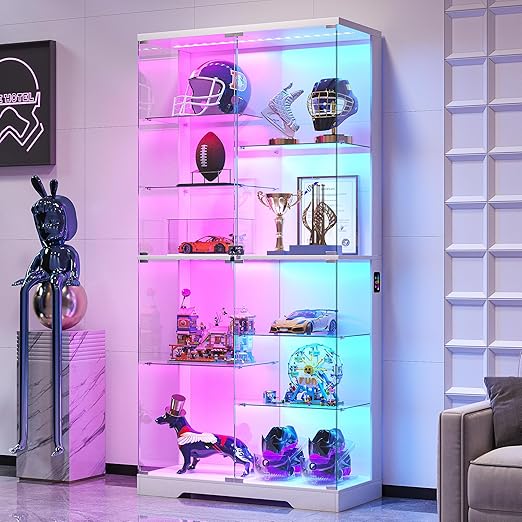 4-Tier Glass Display Cabinet with RGB LED Lights, Motion Sensor & Lockable Pop-Up Door – 70.9"