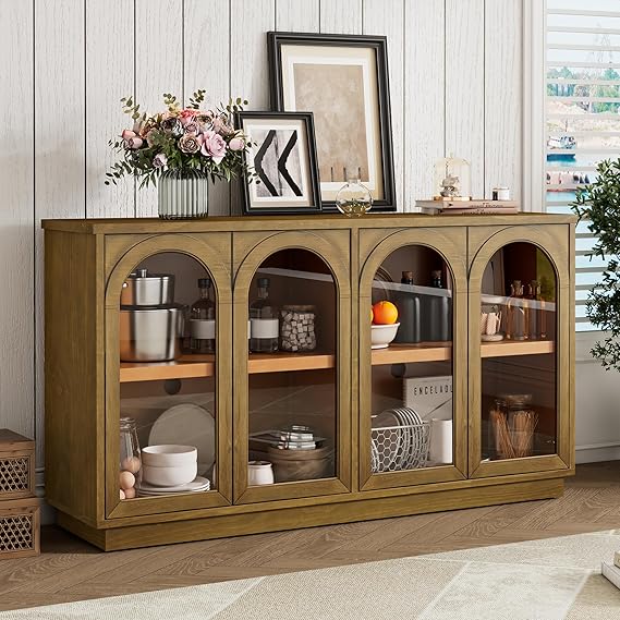 4-Door Buffet Cabinet with Arched Glass Doors