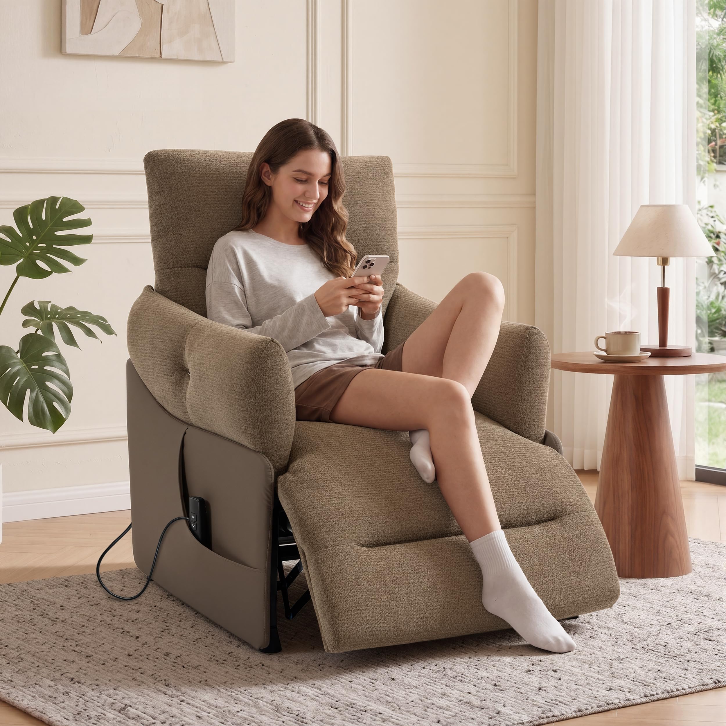 FiveWillowise Power Recliner Chair,90°-145°Recline Chair with Remote,Side Pocket,Soft Armrest&Headrest,Wide Seat,Sturdy Footrest for Living Room,Bedroom,Brown Chenille with Brown Faux Leather Side