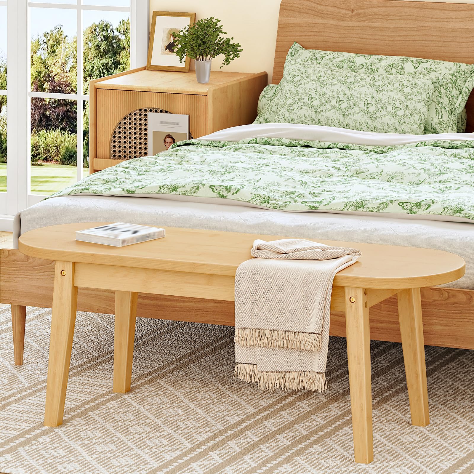 HOOBRO 39.4'' Dining Bench, Farmhouse Kitchen Table Bench, Bamboo Entryway Bench, Sturdy Dining Room Bench, Easy to Assemble, Wooden Bench for Living Room, Hallway, Bedroom, Bathroom, Natural YL19CD01