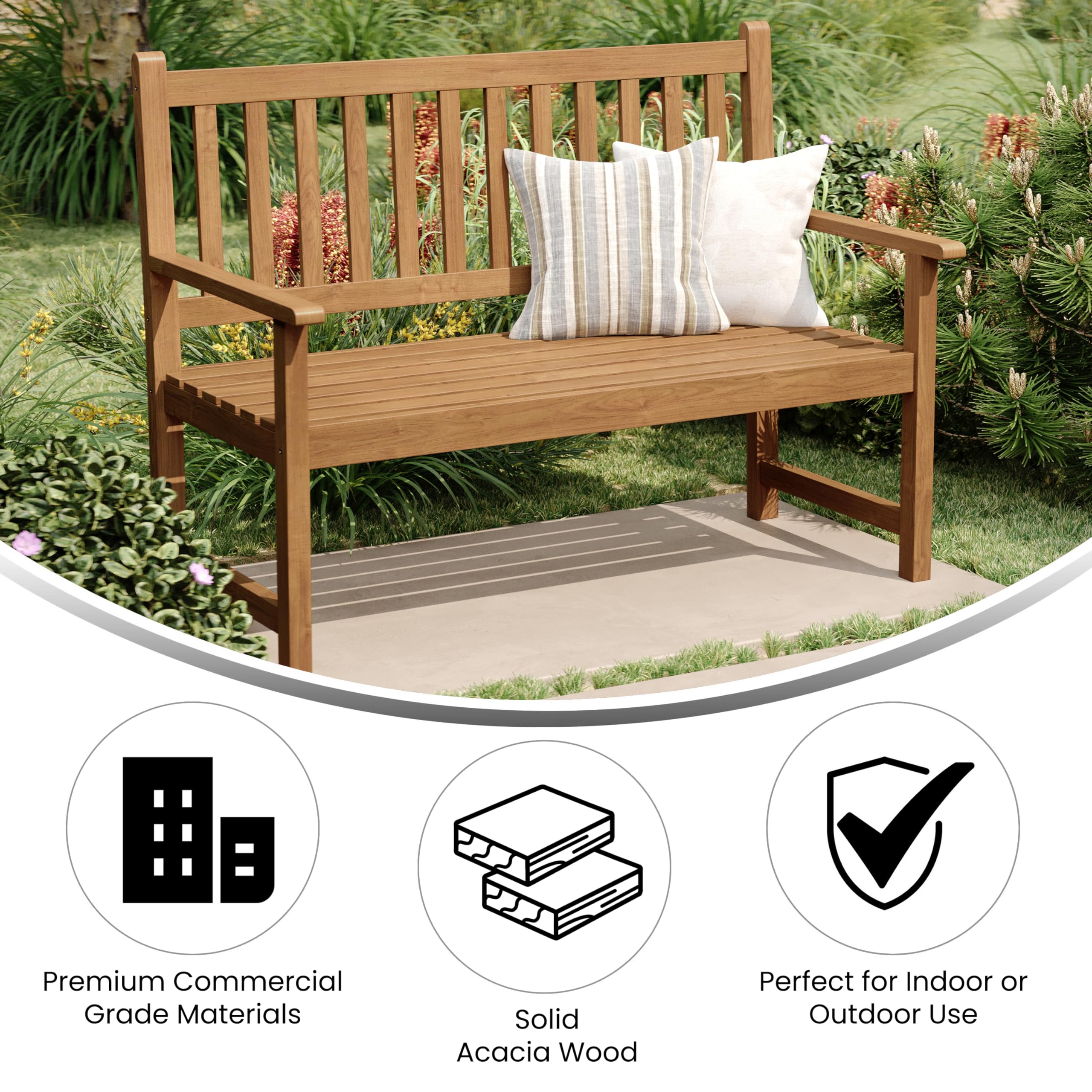Flash Furniture Adele Commercial Indoor/Outdoor Acacia Wood Bench, 2-Person Slatted Patio Loveseat, for Use in Yard, Garden, Porch, or Park, Brown