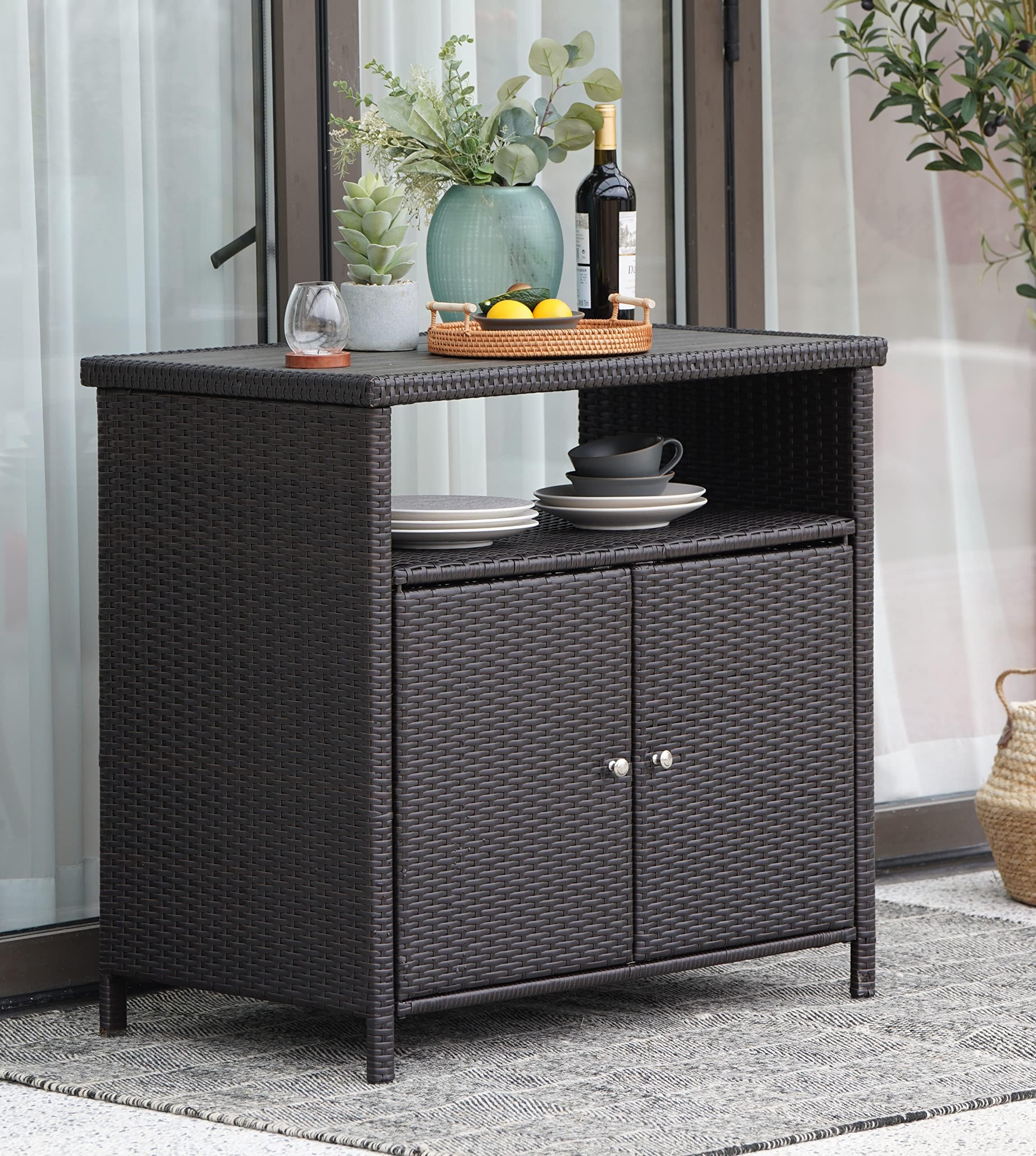 Wicker Storage Cabinet with Doors & Shelves