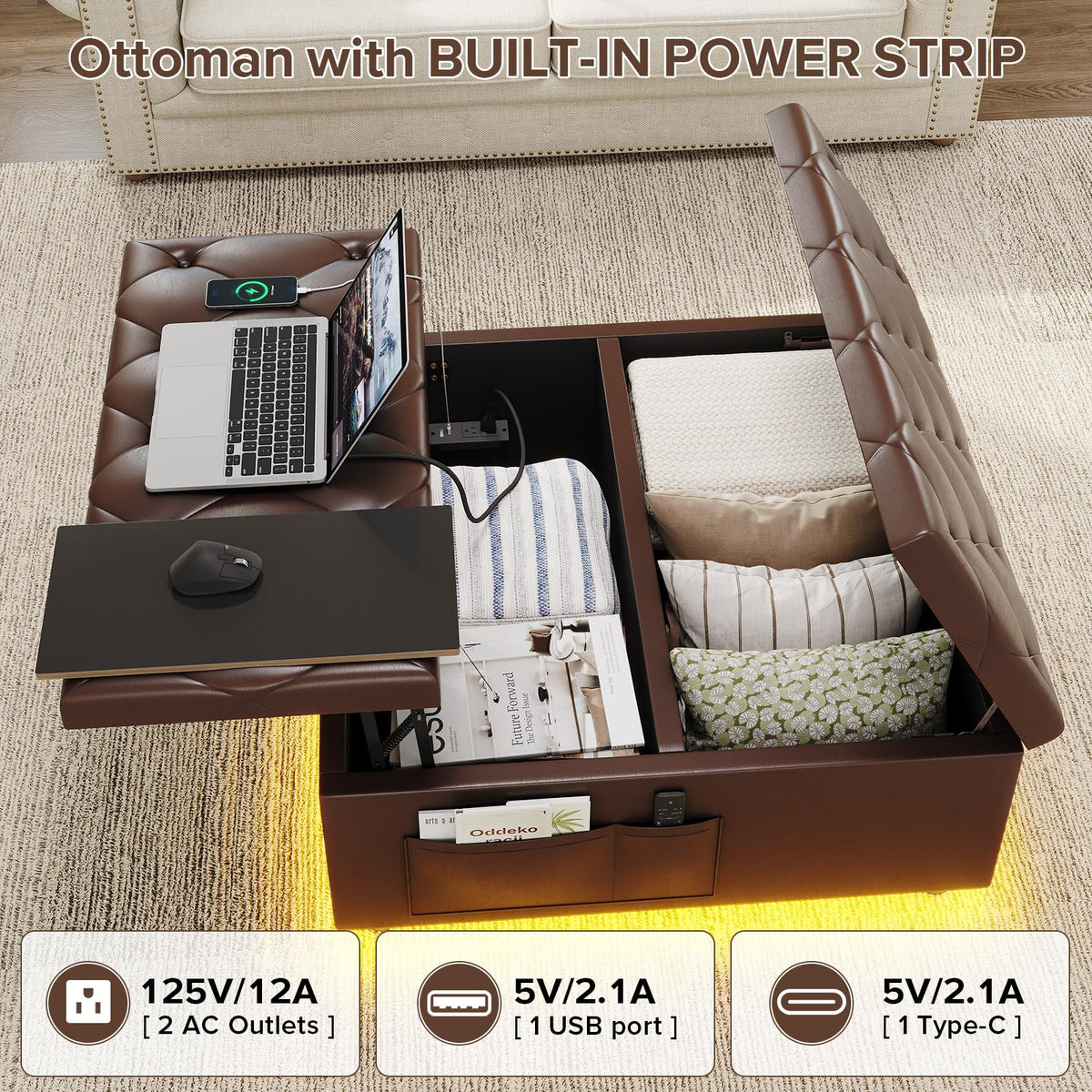 LED Storage Ottoman with Charging Station