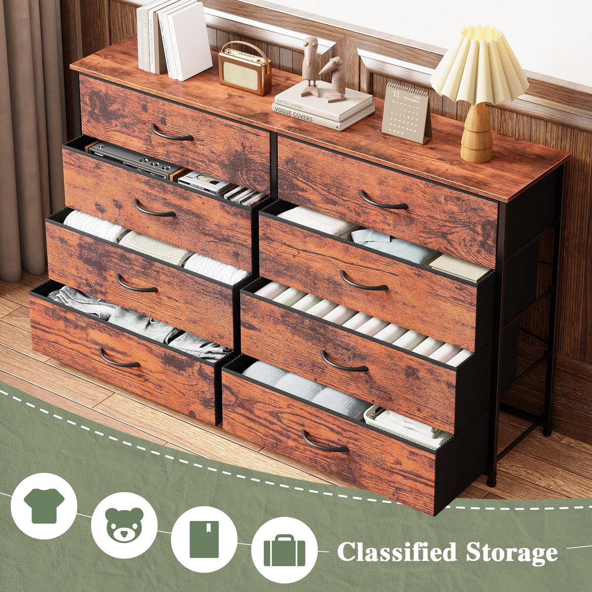 Furnulem Long Dresser for Bedroom, TV Stand for 55'', 8 Drawer Dorm Dresser
