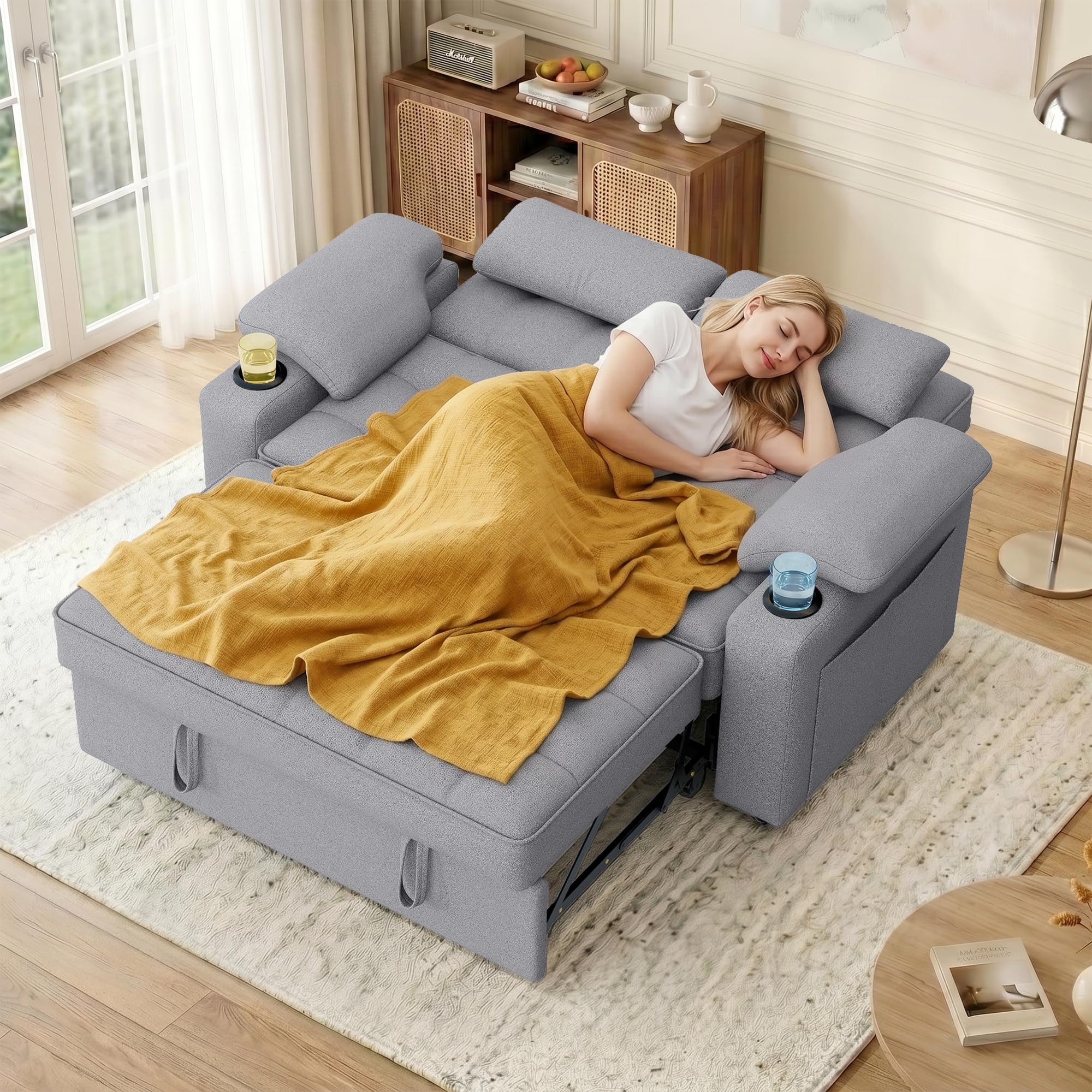 58" Convertible Loveseat Sofa Bed with USB Charger & Cup Holders