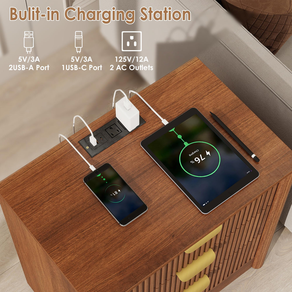 PLRSOZIM 23.6" Walnut Fluted Nightstand with Charging Station and 3 Drawers