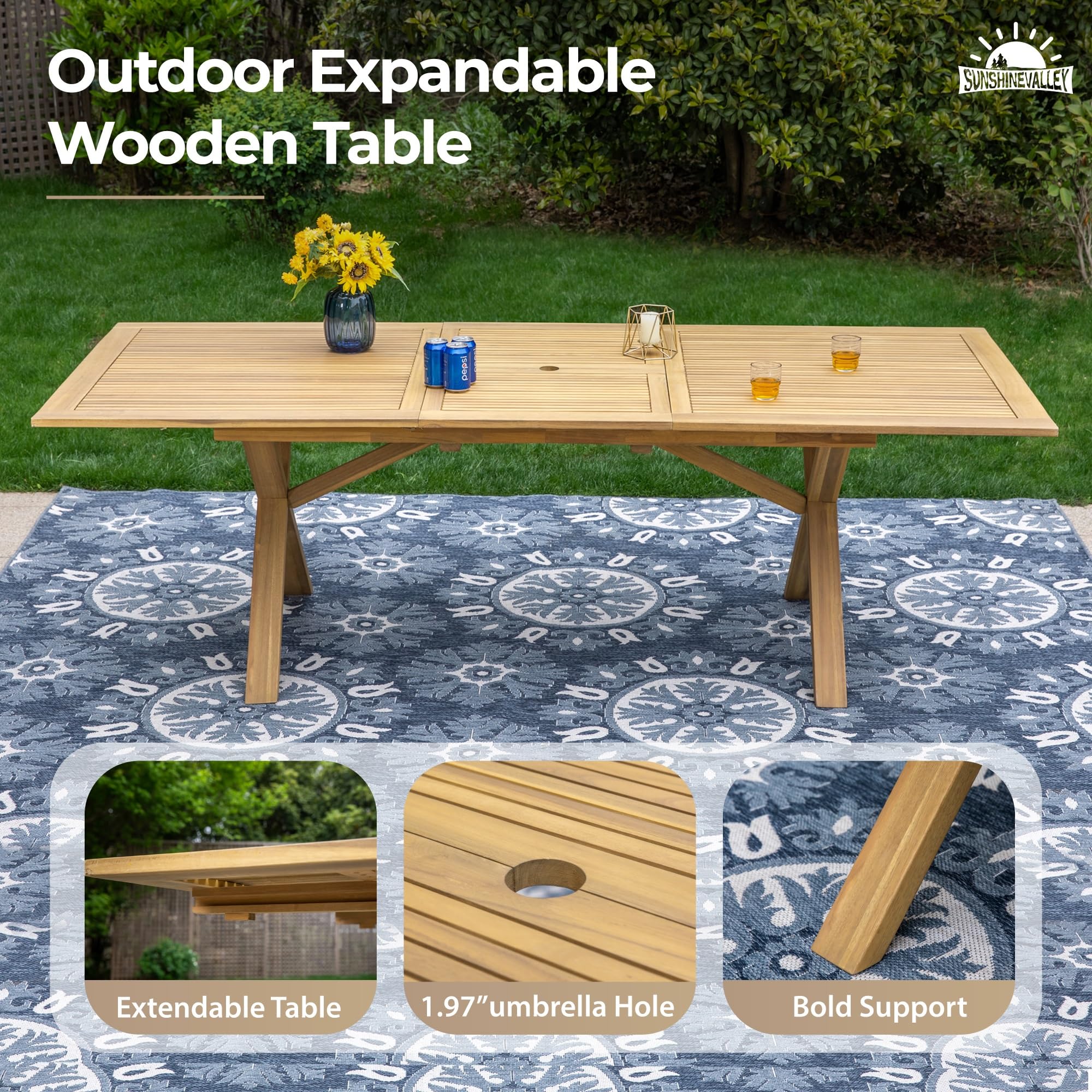 SUNSHINE VALLEY Acacia Wood 9 Piece Patio Dining Sets for 8, Outdoor Dining Set with Expandable Teak Dining Table(1.97" Umbrella Hole) & Wooden Chairs, Patio Table and Chairs for Backyard,Deck