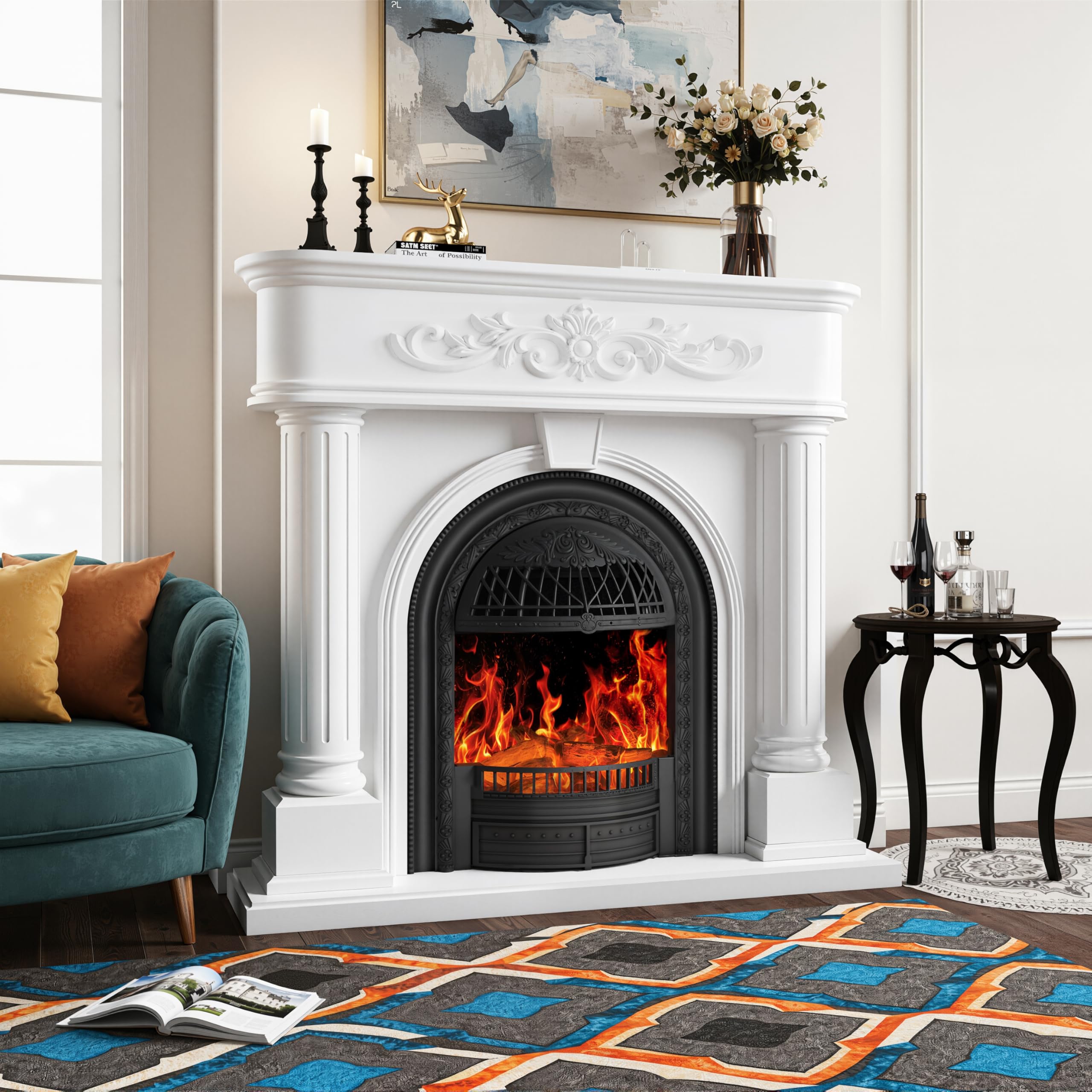 50” Solid Wood Electric Fireplace with Mantel, White Roman Column TV Stand with Black Arched Birdcage Heater Insert, Elegant Fireplace for Living Room, Bedroom & Entryway