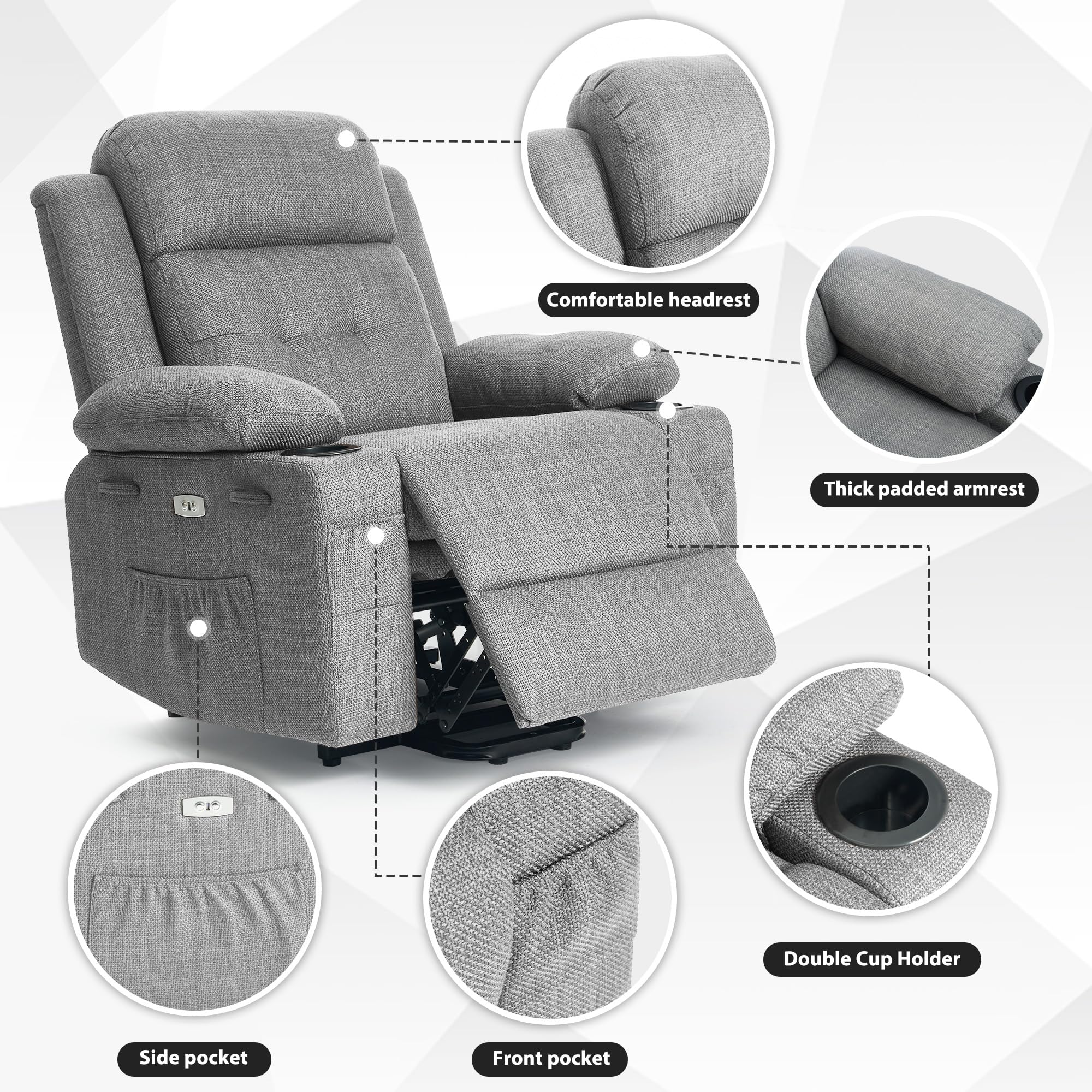 BETISEF Power Lift Recliner Chair for Elderly with Massage & Heat,Linen-Cotton, Electric Recliner with USB Ports, Cup Holders, Side Pockets, Lift Chair for Living Room, Bedroom