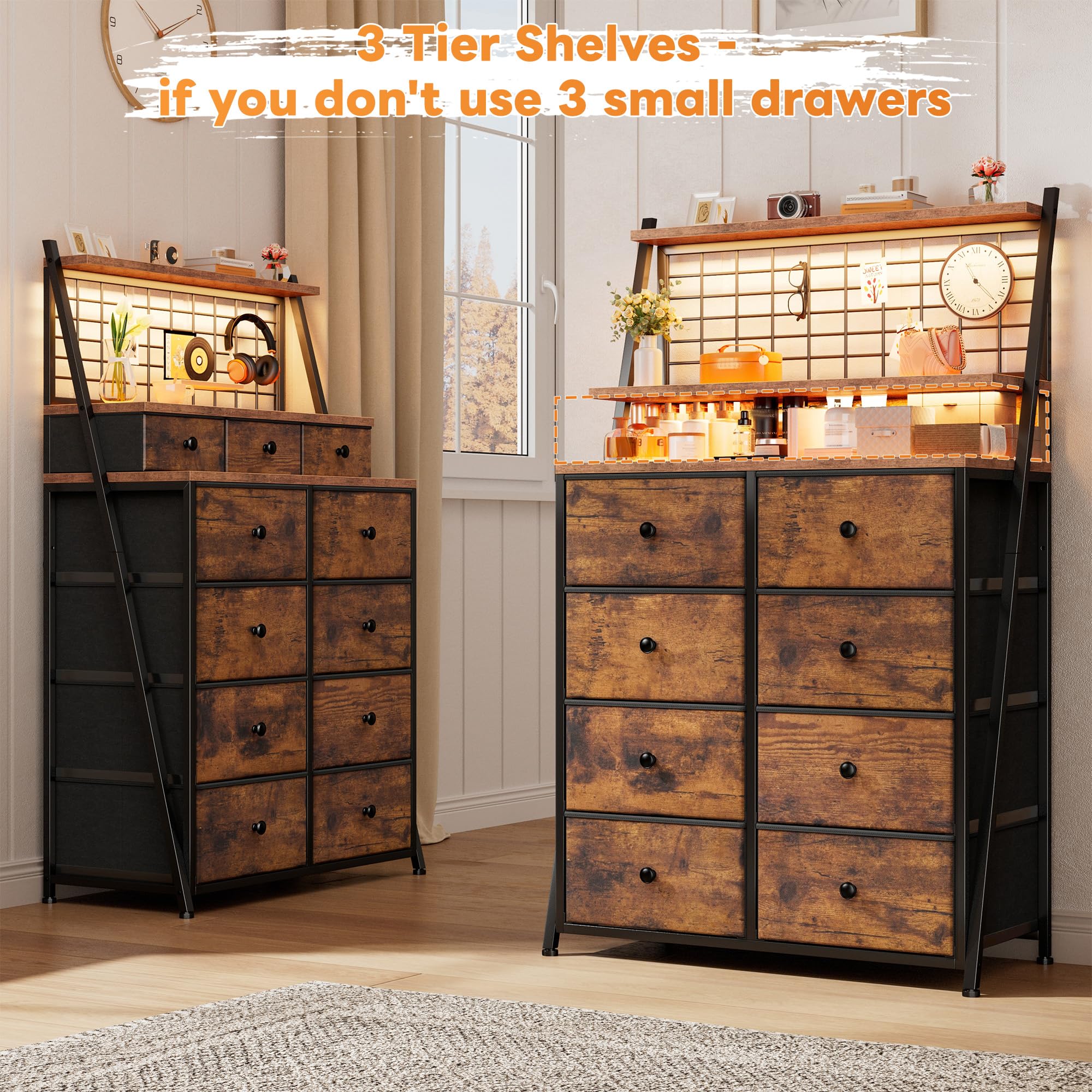EnHomee 51" H Dressers & Chest of Drawers with 11 Drawers & LED Light, Bedroom Dresser with Wire Grid Panels & Open Shelves for Entryway, Dorm, Rustic Brown, 11.8" D x 33.9" W x 51.2" H