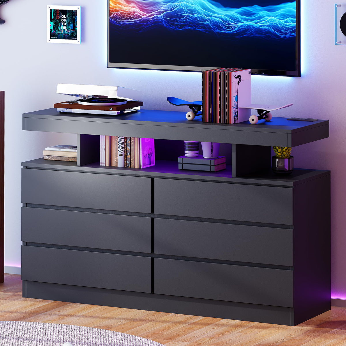 Black 6-Drawer LED Dresser