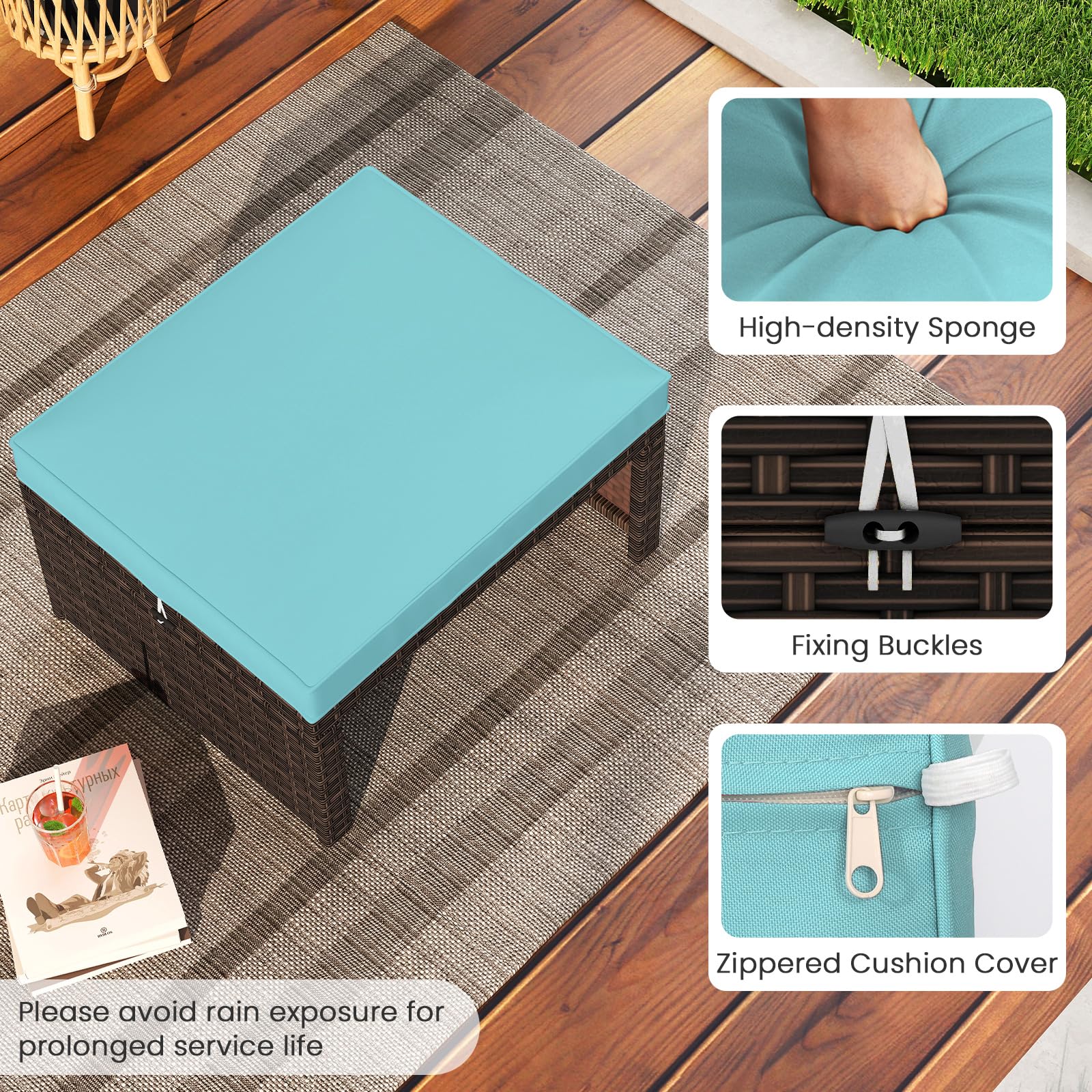 Wicker Outdoor Ottoman Set of 2 with Removable Cushions