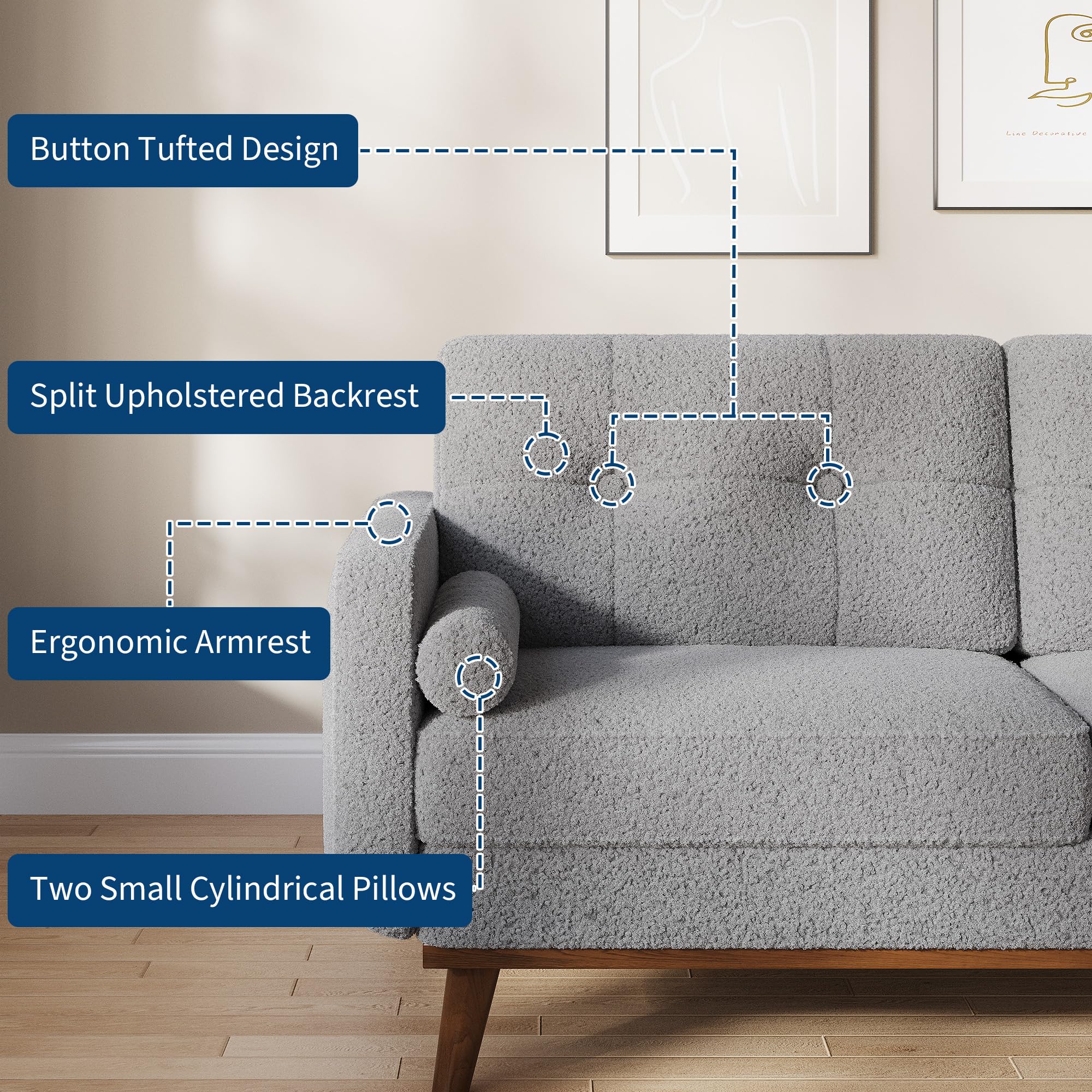 IDEALHOUSE 65" Mid Century Modern Couch Sofa Loveseat, Comfy Love Seat Couches for Living Room, 2 Seater Teddy Fleece Boucle Upholstered Deep Seat Couch for Bedroom Office Small Space, Gray