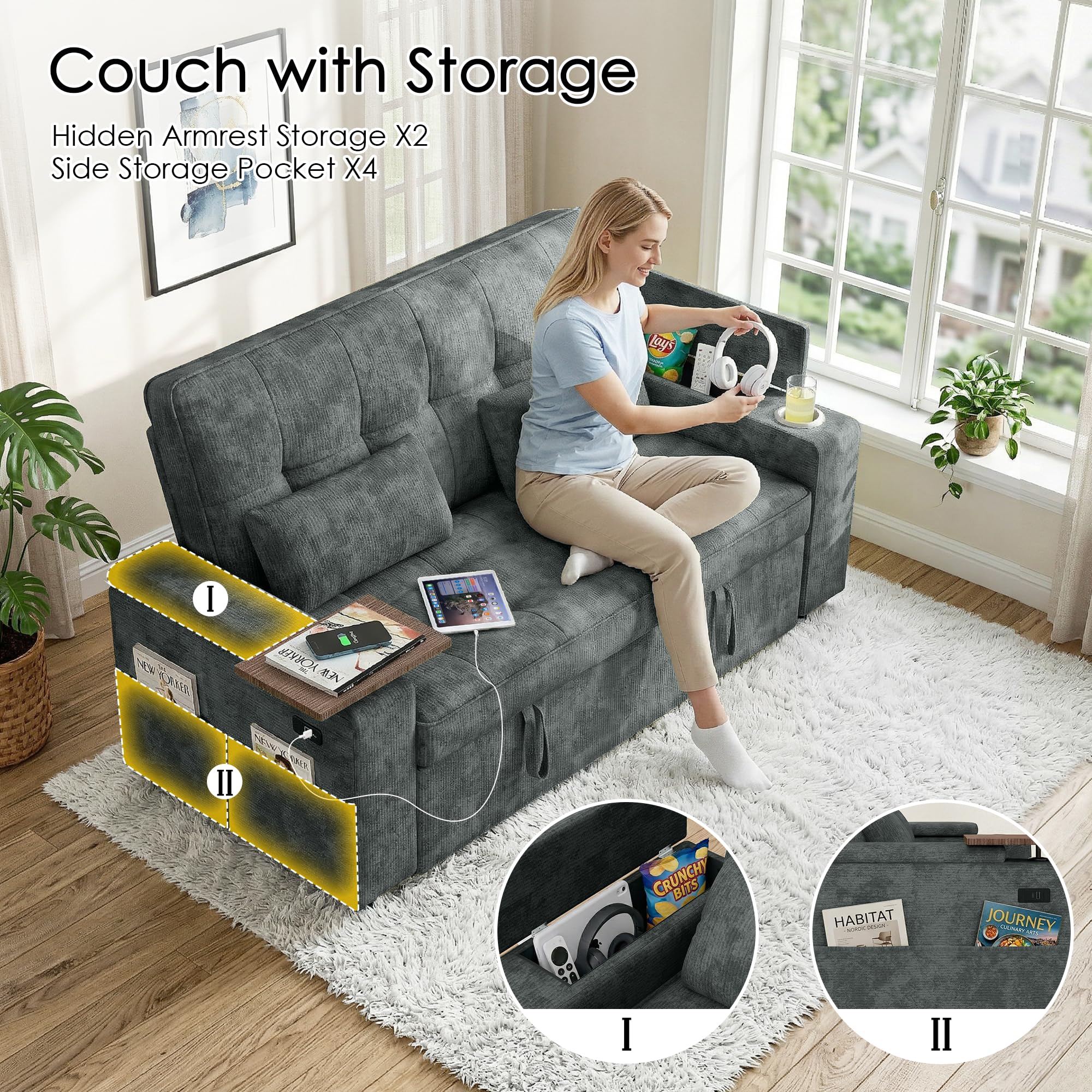 Convertible Sleeper Sofa Bed with USB Charging & Storage