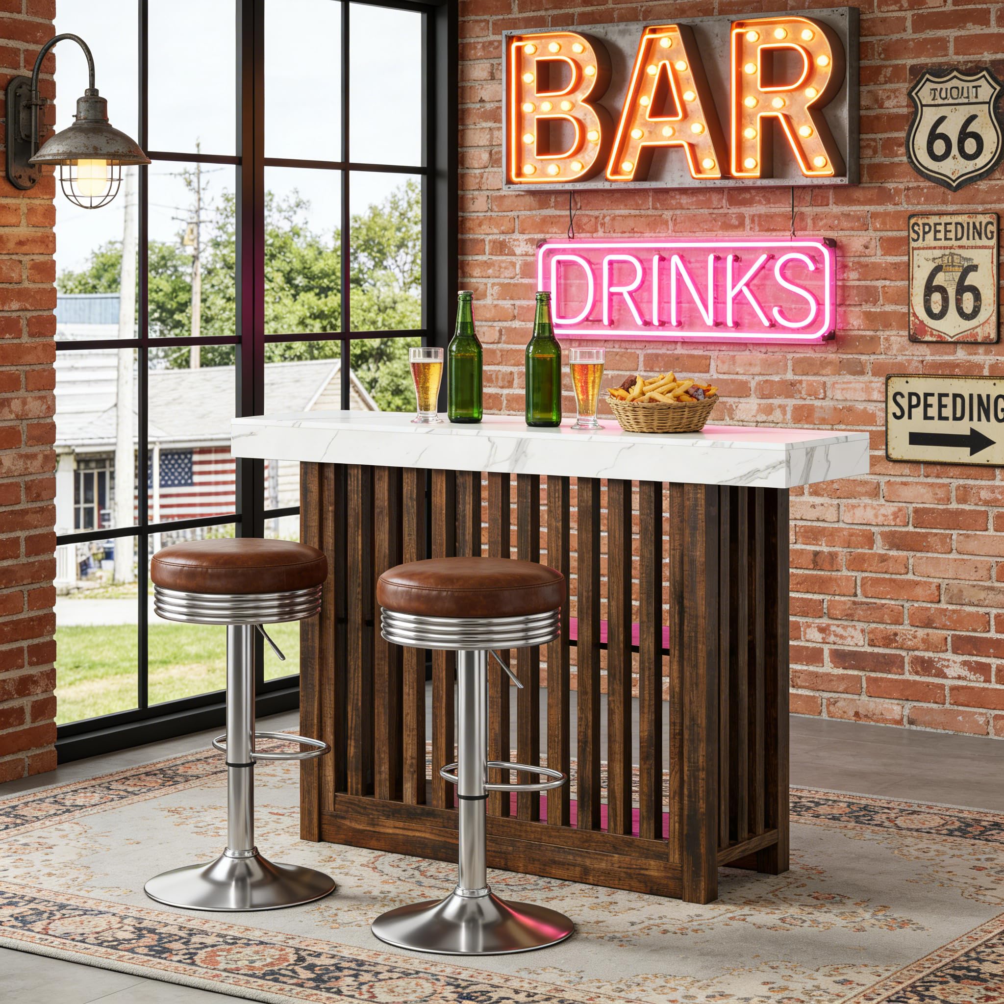GarveeHome 63" Long Bar Table - Counter Bar Height Pub Table with 2 Tier Storage Shelves, Modern Coffee Breakfast Bar Unit for Dining Room, Bistro, Living Room, White + Walnut