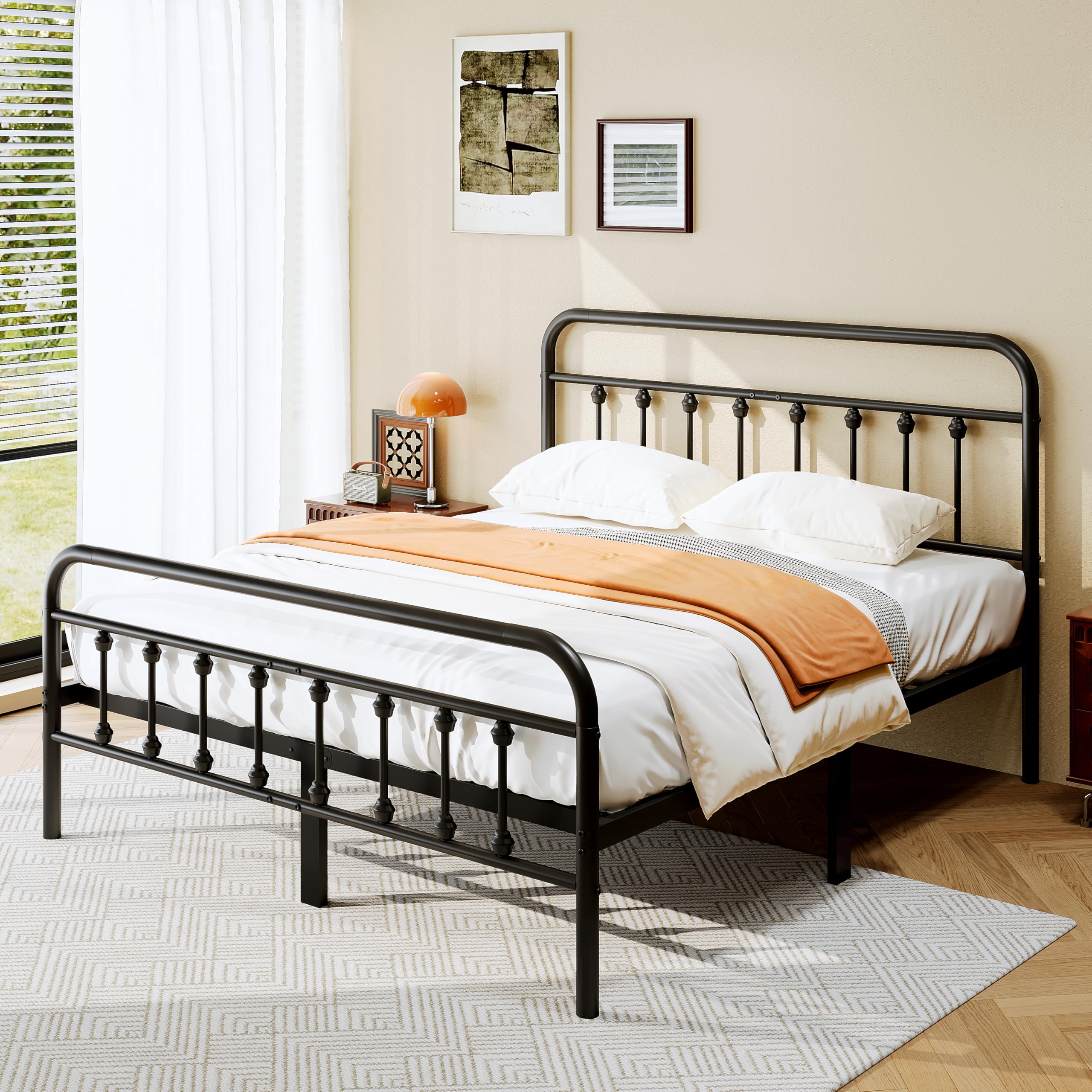 zunatu Full Size Metal Platform Bed Frame/Victorian Style Headboard and Footboard/Steel Slat Support/Easy Assembly/No Box Spring Needed/Underbed Storage/Noise Free/Black