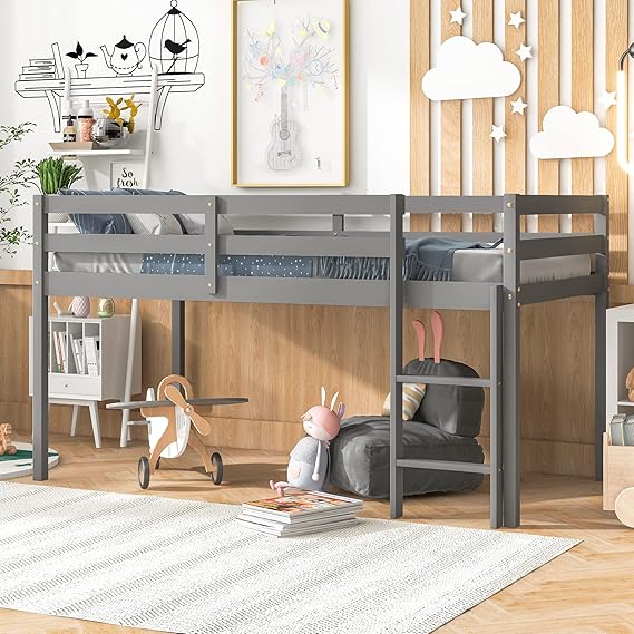 Twin Kids Loft Bed with Ladder & Guard Rails