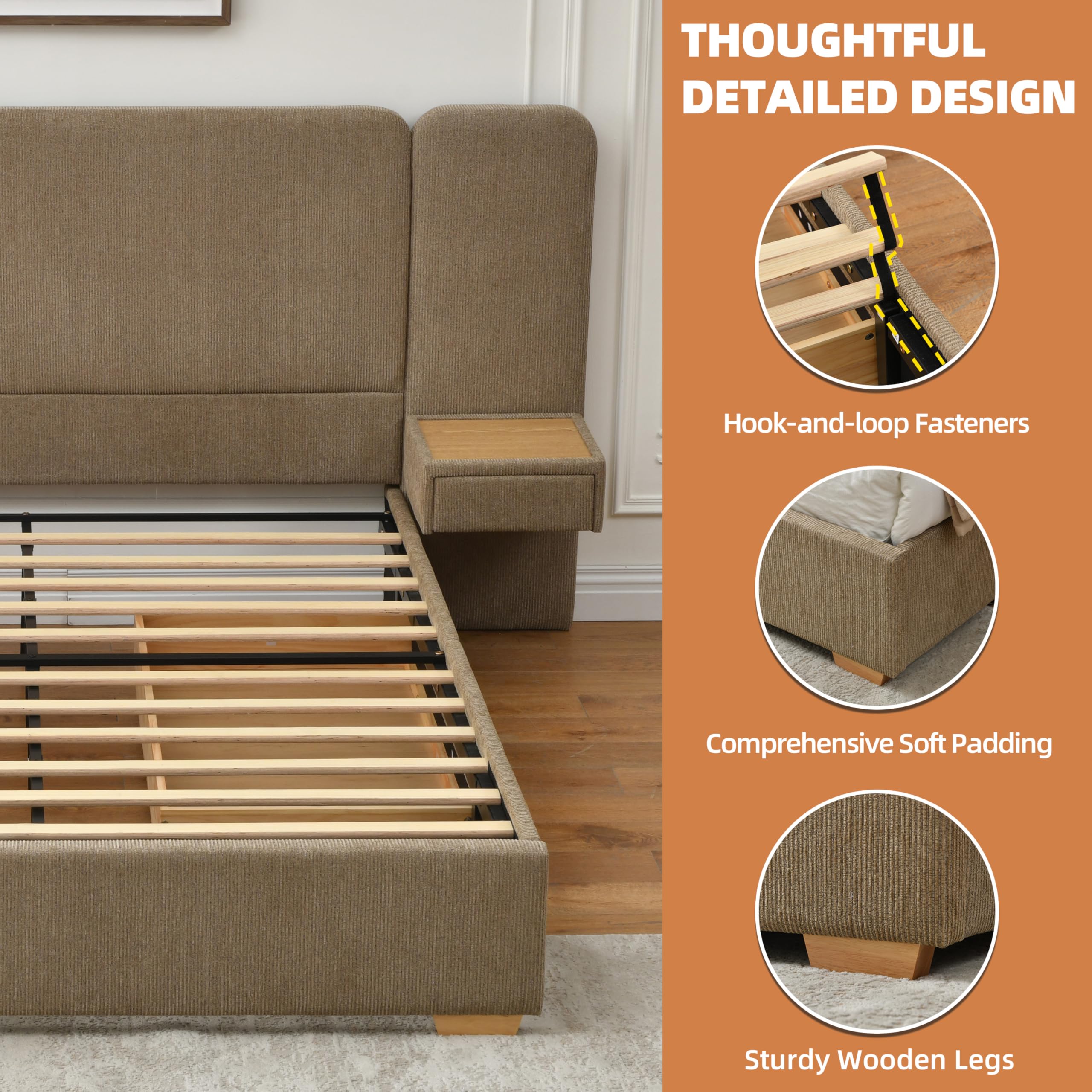 Queen Size Platform Bed Frame with 2 Built-in Nightstands, Wood Bed Frame with 2 Storage Drawers, Luxury Bed Frame with Chenille Upholstered Headboard, Easy Assembly, No Box Spring Needed, Brown