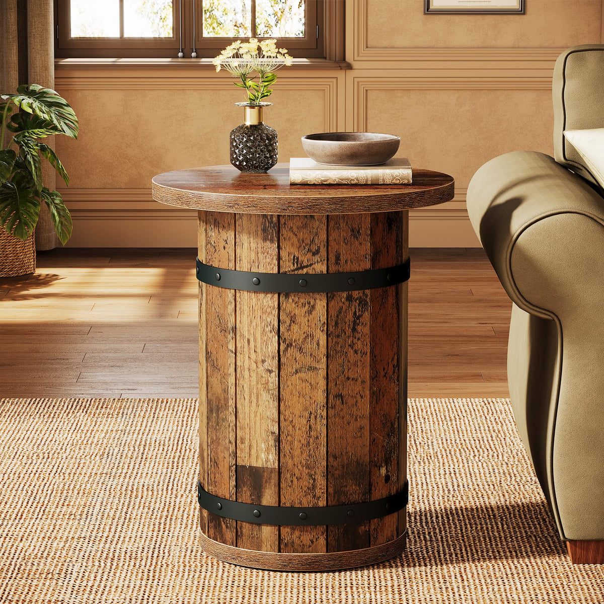 Tribesigns Round Side Table, Rustic End Tables Living Room, Rustic Brown