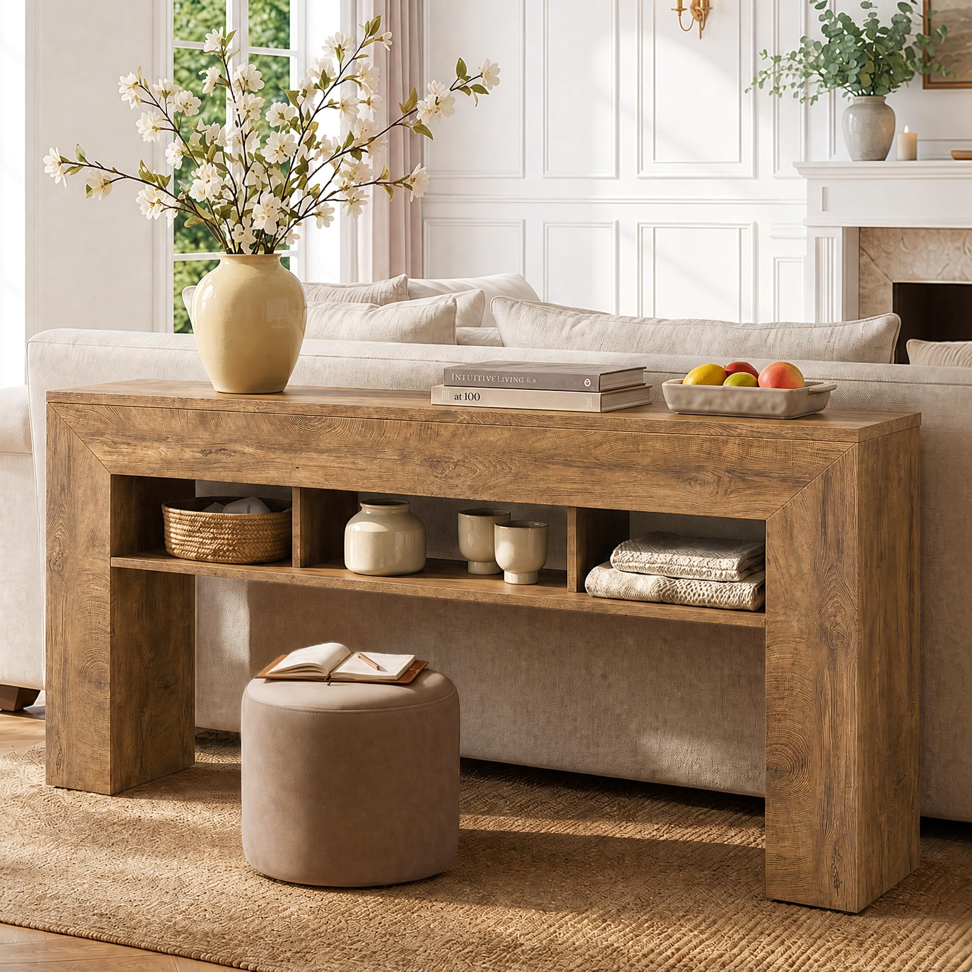 EnHomee 63 Inch Long Console Table for Entryway Sofa Table with Extra Storage Shelves Farmhouse Wood Behind Couch for Hallway, Entrance, Living Room, Foyer, Light Brown