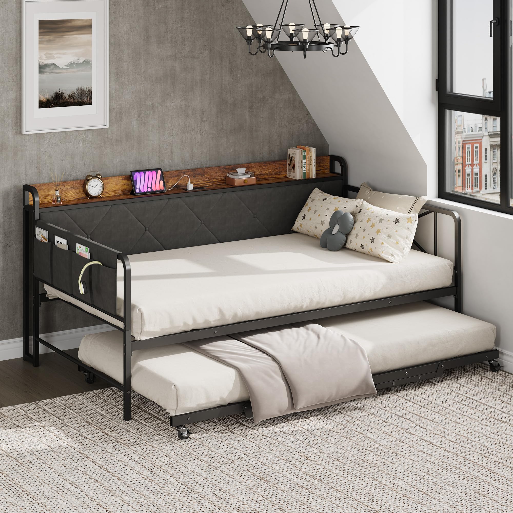 GarveeHome Daybed with Trundle and LED Light, Twin Size Bed Frame with Upholstered Headboard and Charging Station, Metal Frame Sofa Day Bed for Living Room, Bedroom and Guest Room, Black