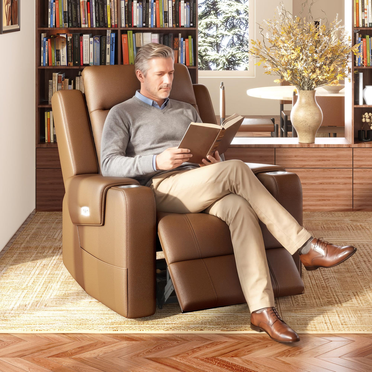 FLEXISPOT Truffle Top Grain Leather Power Wall Hugger Recliner, Light Brown