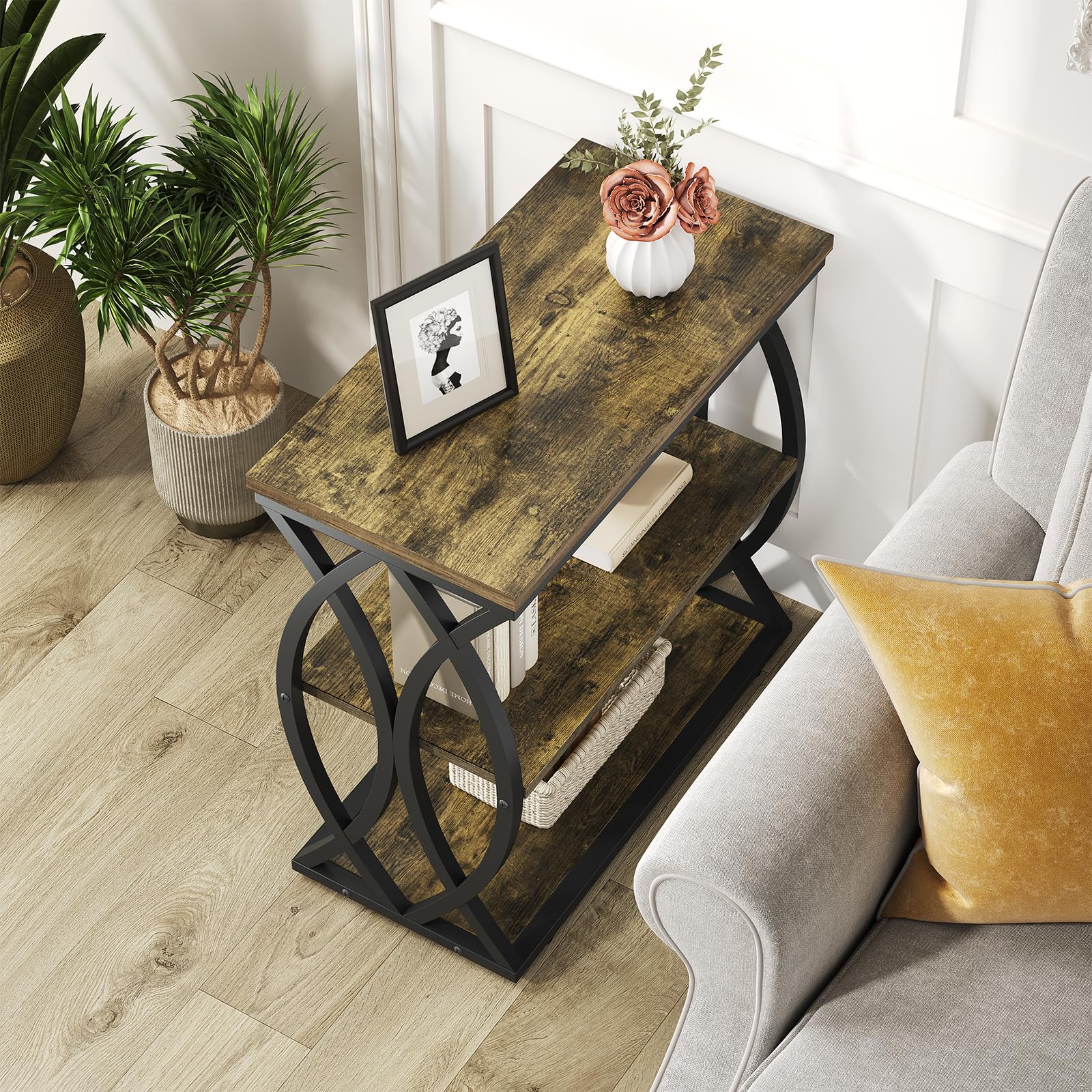3-Tier Rustic Side Table with Metal Frame