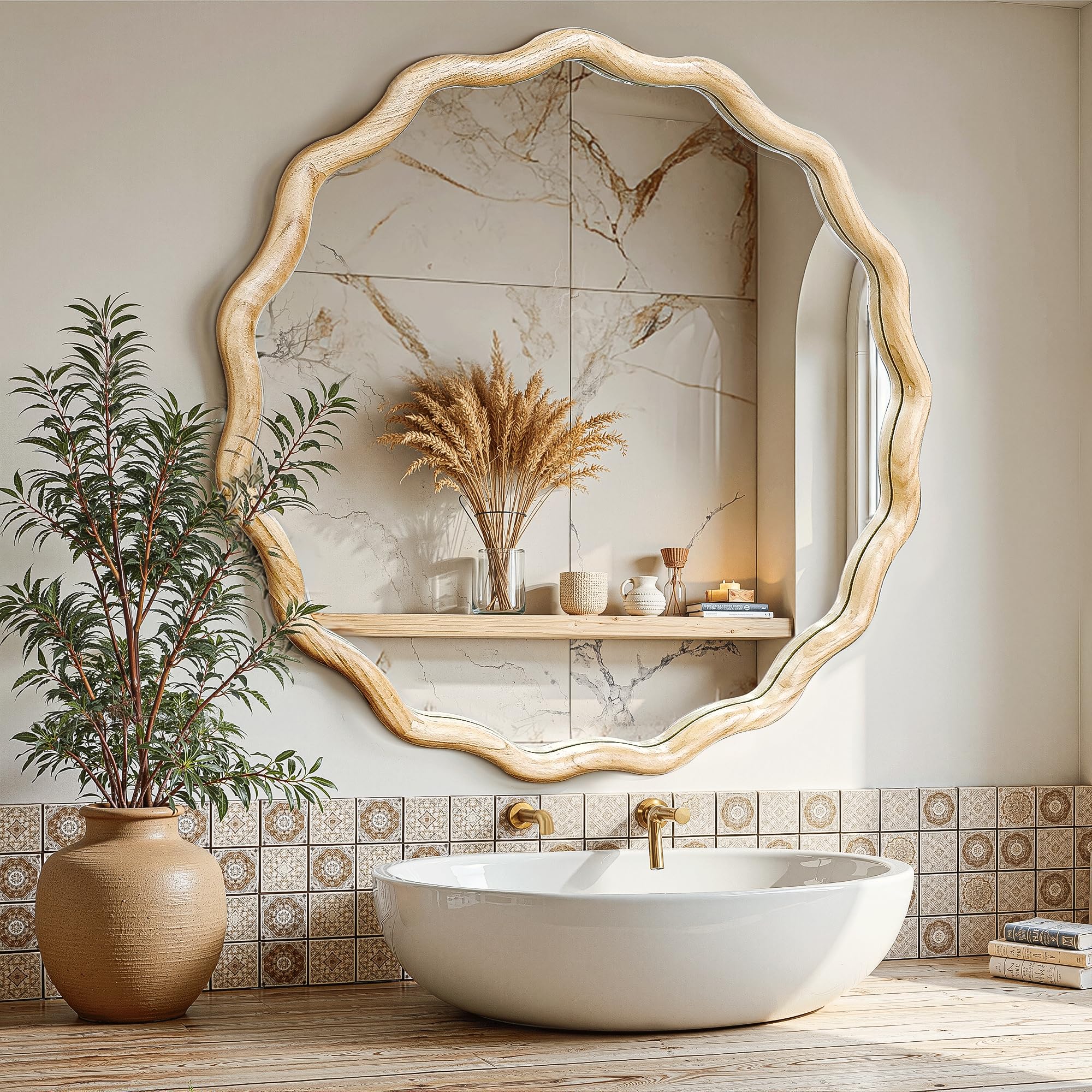 Circle Wood Mirrors for Wall, Wavy Round Bathroom Scalloped Mirror Wooden Frame 28 Inch for Living Room Farmhouse Bedroom Hallway Entryway Living Room with Shatterproof Glass Wall Mounted
