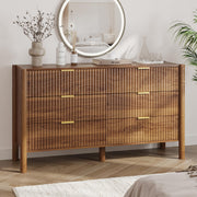 CHUWELL Fluted Walnut Dresser for Bedroom, 55.1" Wide Mid Century Modern Chest of Drawers with 4 Solid Wood Cylindrical Legs & Gold Metal Handles, 6 Drawer Large Dresser for Bedroom
