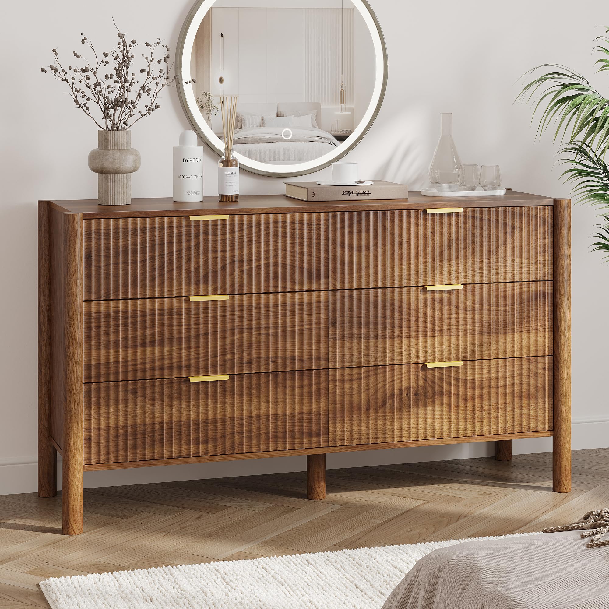CHUWELL Fluted Walnut Dresser for Bedroom, 55.1" Wide Mid Century Modern Chest of Drawers with 4 Solid Wood Cylindrical Legs & Gold Metal Handles, 6 Drawer Large Dresser for Bedroom