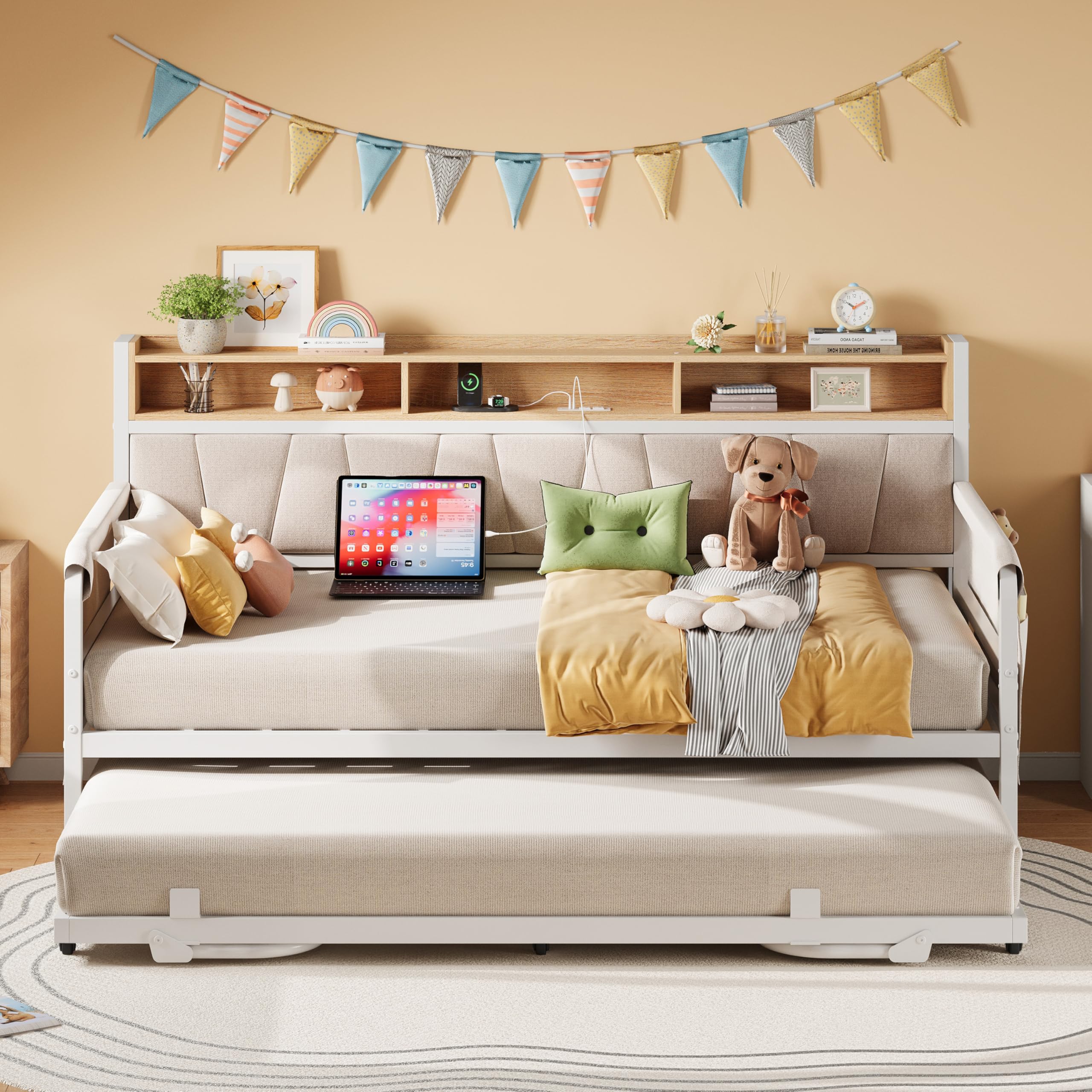 Twin Daybed with Trundle & Storage Headboard