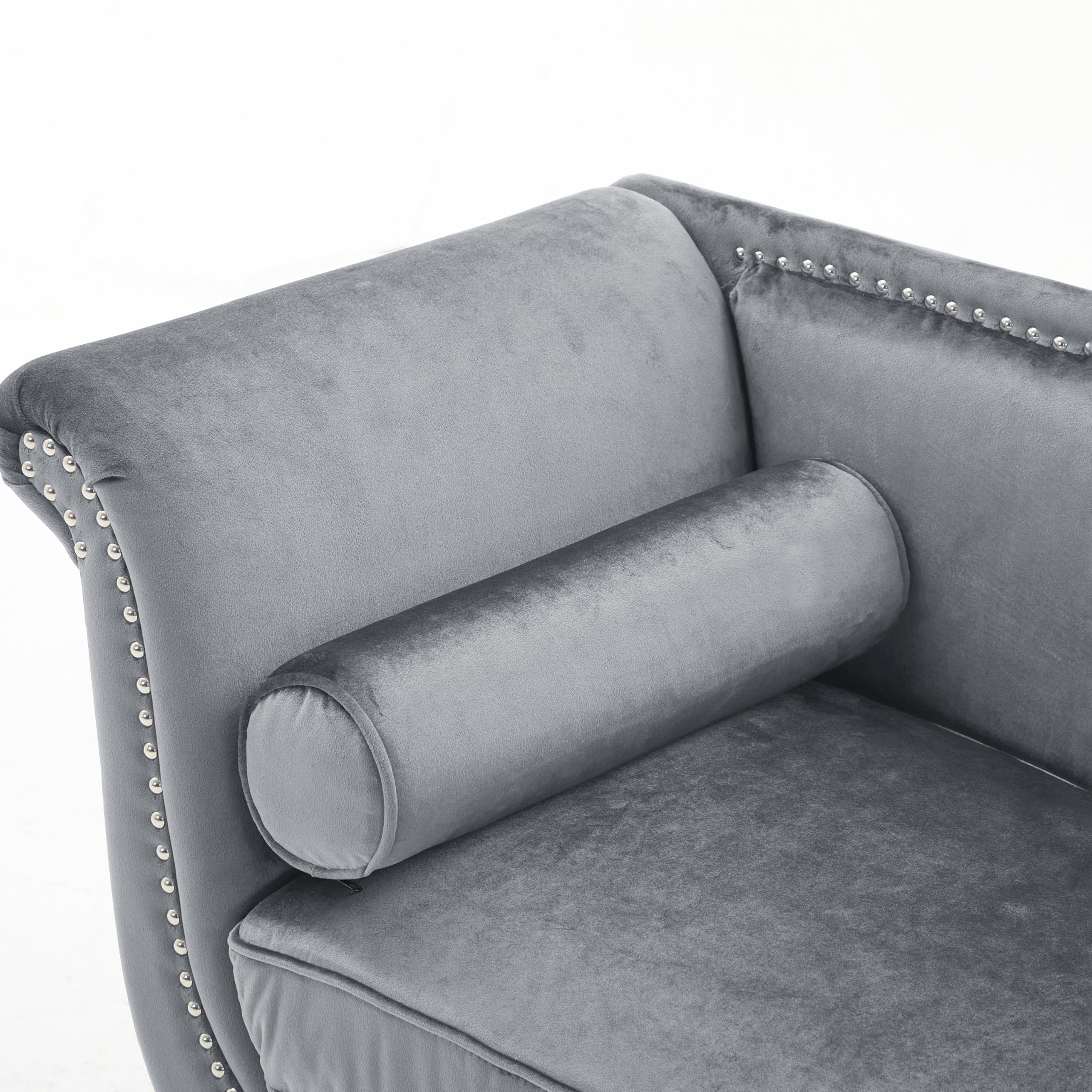 Velvet Ottoman Bench with Bolster Pillows & Nailhead Trim